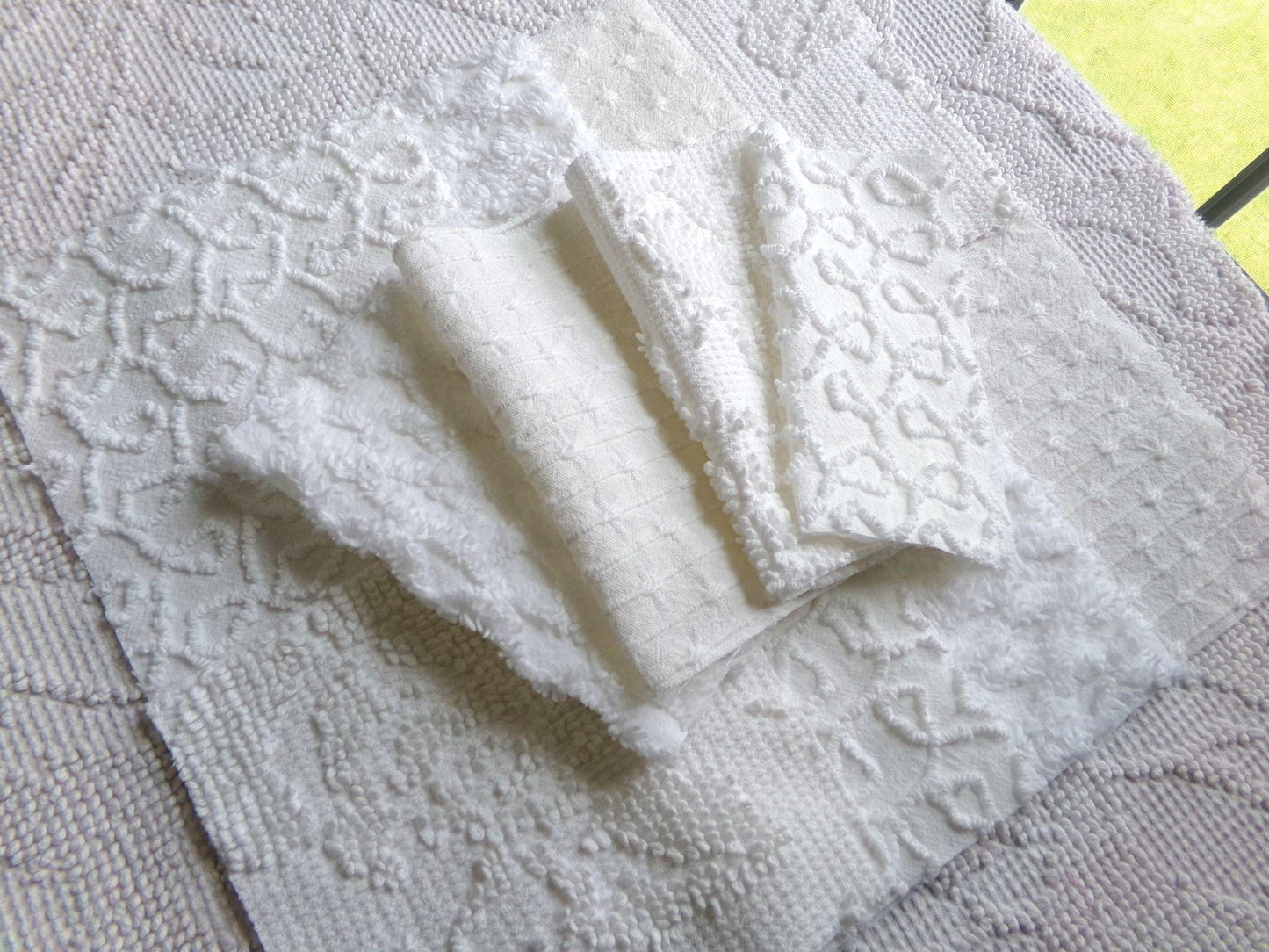 white vintage 6" chenille squares, set of 12 quilt blocks in a classic selection of popular patterns for sewing & crafts