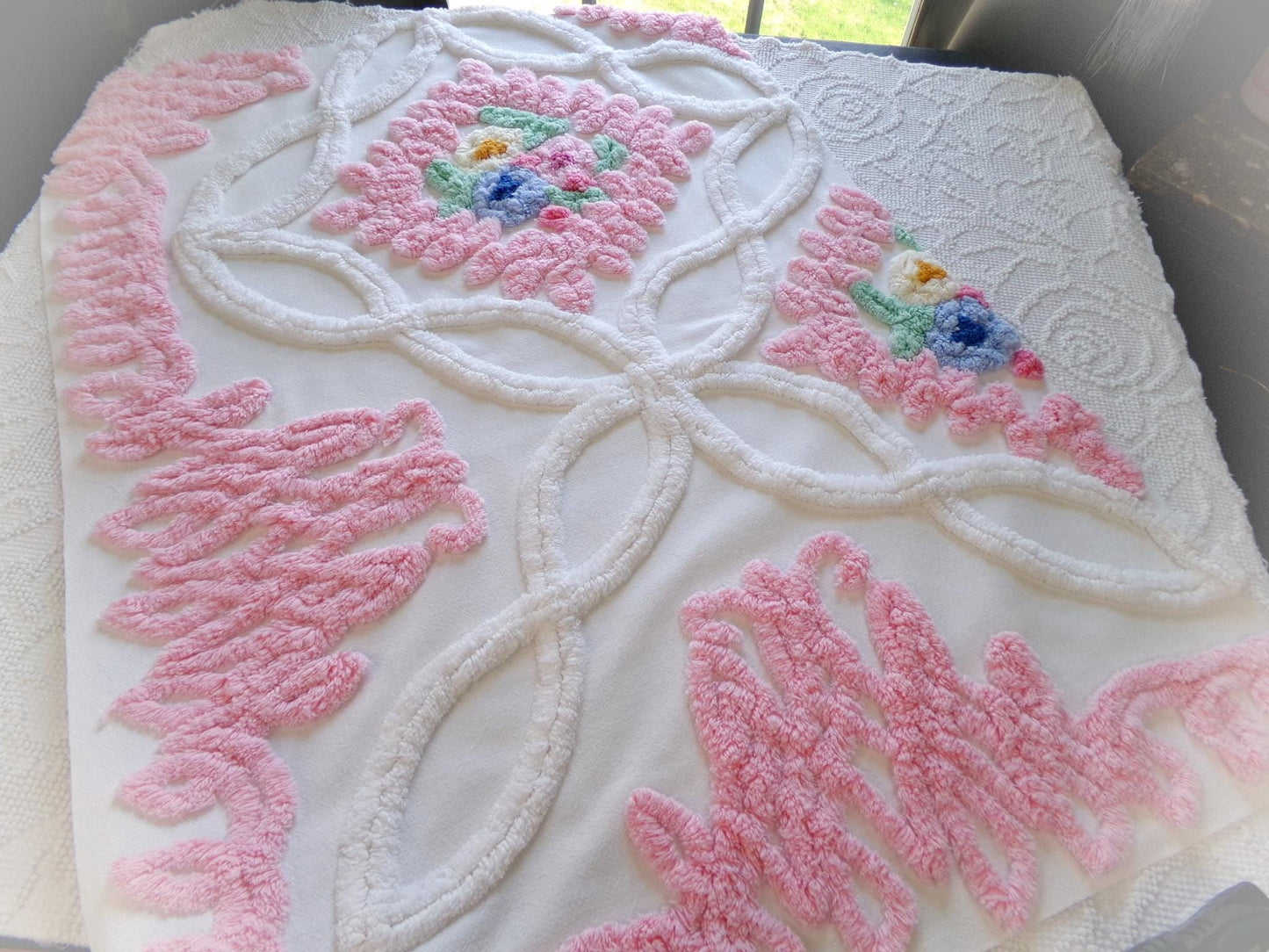 in love vintage chenille fabric, luxury tufted frosted wedding cake floral design, 32" x 22" inch piece of gorgeous cotton sewing material