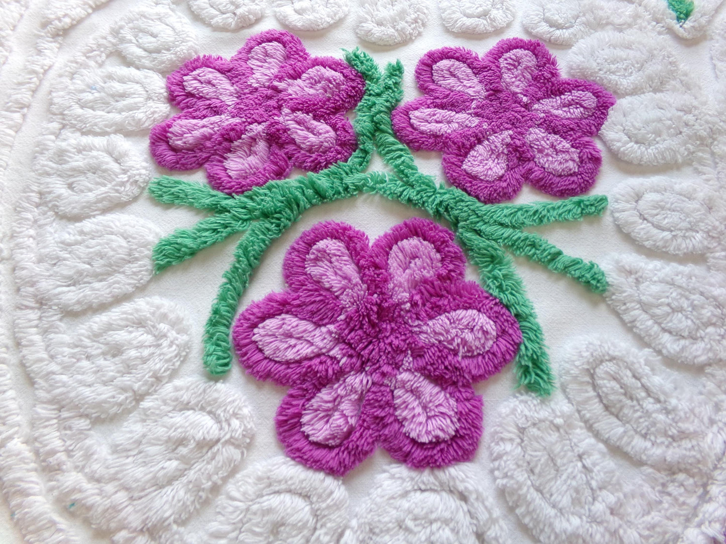 Whimsical Violets Vintage Chenille Fabric, 18" x 20" Inch Piece Plush White Cotton Sewing Material, Great for DIY Pillow
