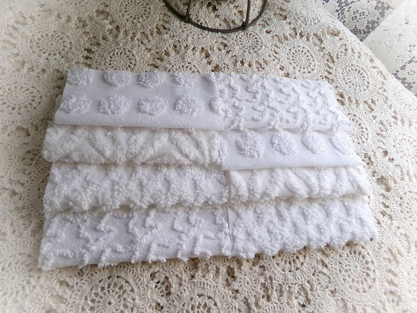 cherub feathers white chenille fabric squares, cut from vintage chenille bedspreads in popular patterns, set of 16 quilt blocks, 6" inch ea