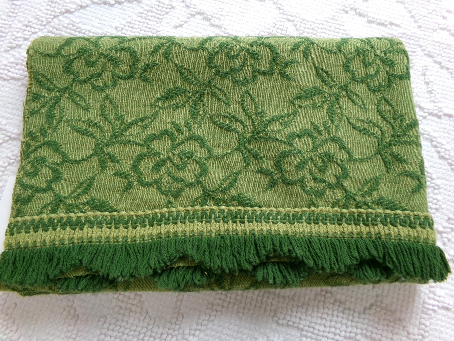 grecian green rose vintage woven fabric, gothic floral design w/ scallop fringe trim edge, 19" x 24" cut piece great for small bags