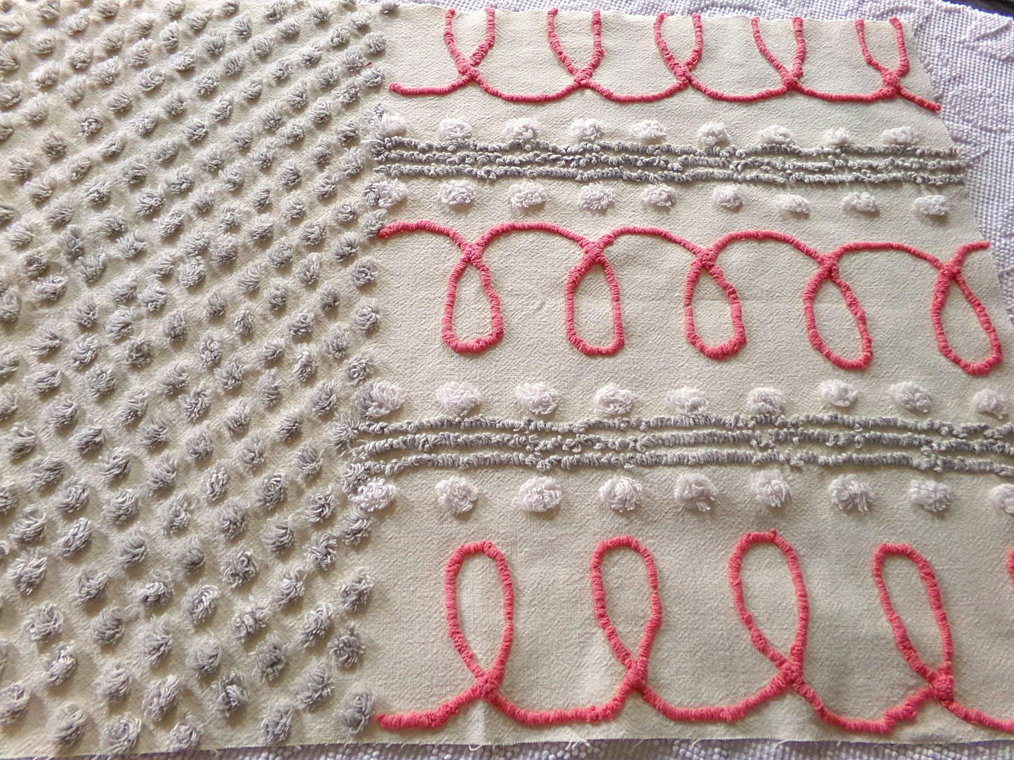 red doodles sewing fabric, retro design with grey pops on buttercream, 18" x 24" inch piece cut from a vintage chenille bedspread