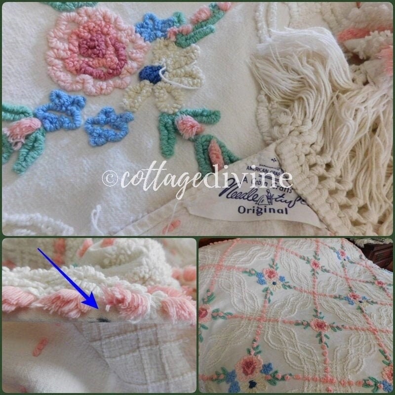 Romantic Cottage Style Chenille Bedspread PINK Rose Daisy Vintage Cabin Crafts Design, Full Size, Lovely Fringe