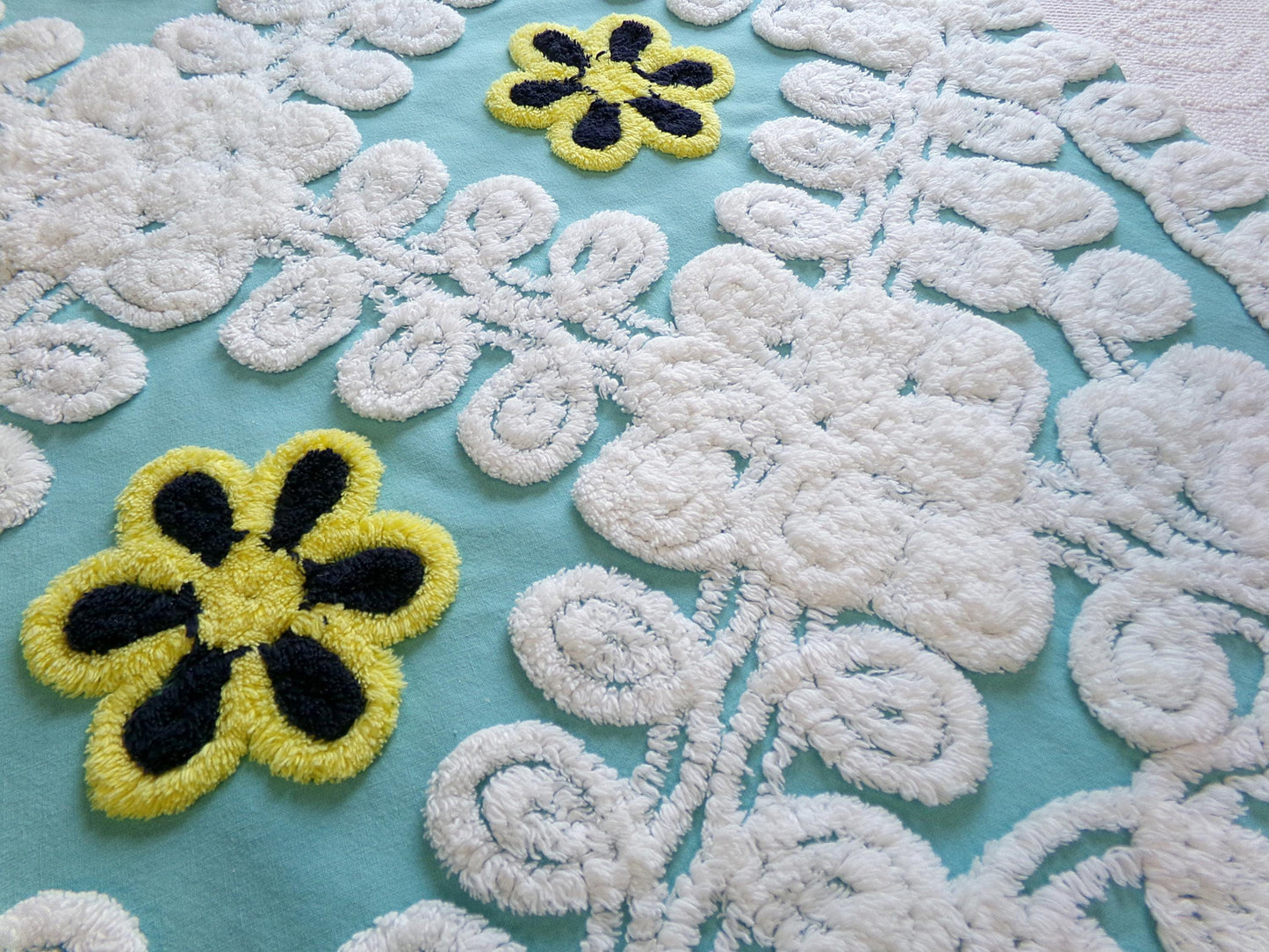 beach girl vintage chenille fabric, frothy white, seaglass blue, 20" x 25" piece of cotton sewing material for crafts, quilts, pillows