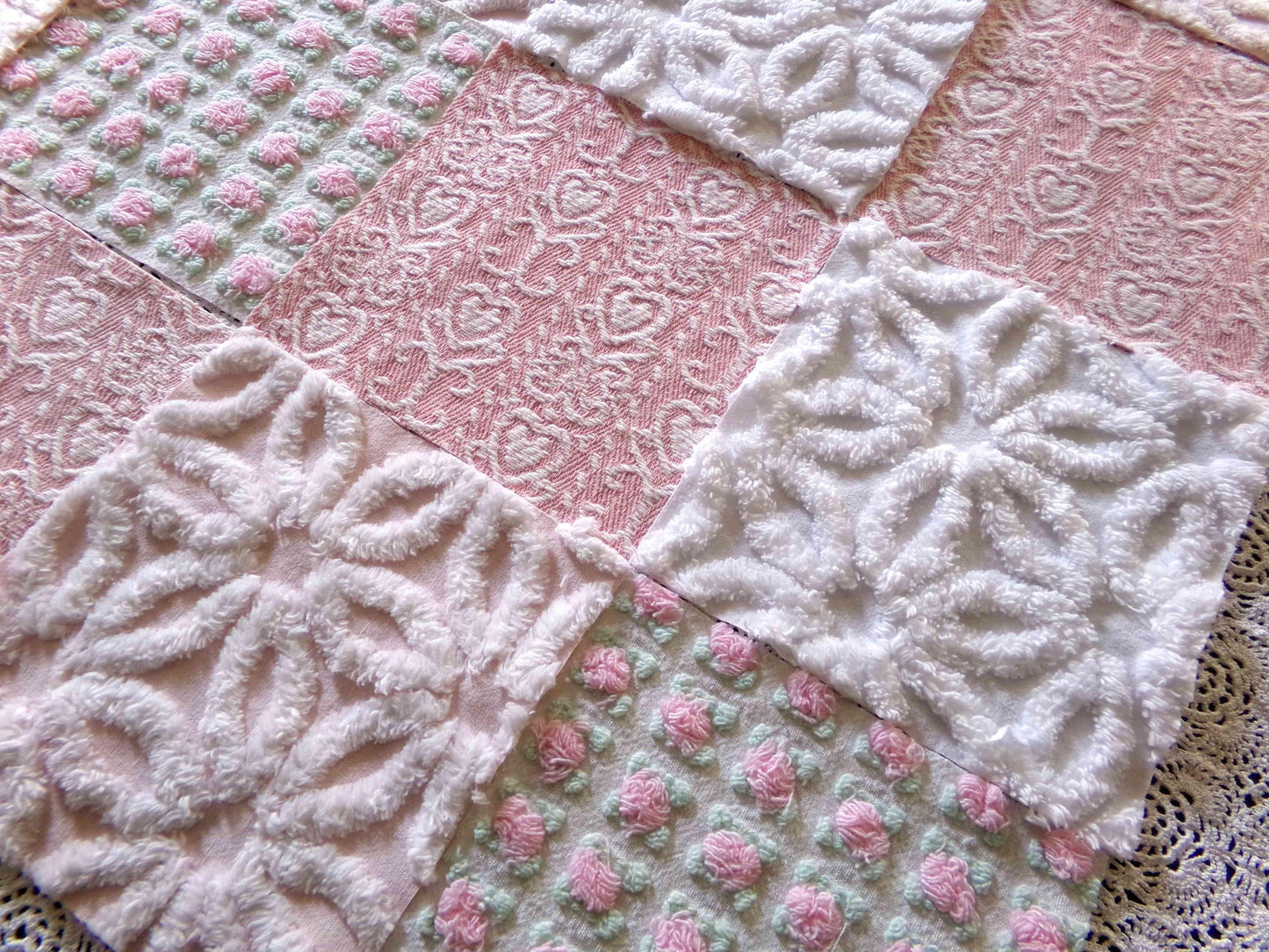 Pink Mix Vintage Woven & Chenille Fabric Squares, Daisy, Rosebud, Hearts Quilt Square Set, 16 Blocks 6" x 6" inch for Pillows, Doll Blankets