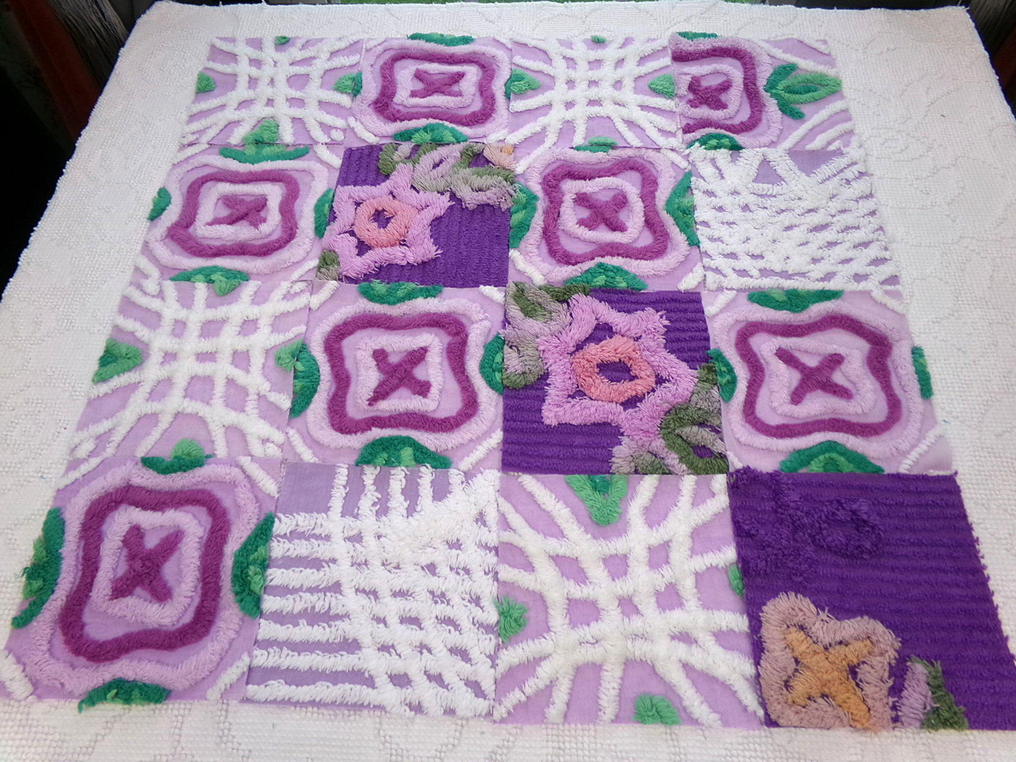moondance chenille fabric squares, set of 16 vintage 6" craft blocks, lavender purple roses & white for quilt inlays, pillows, fiber arts
