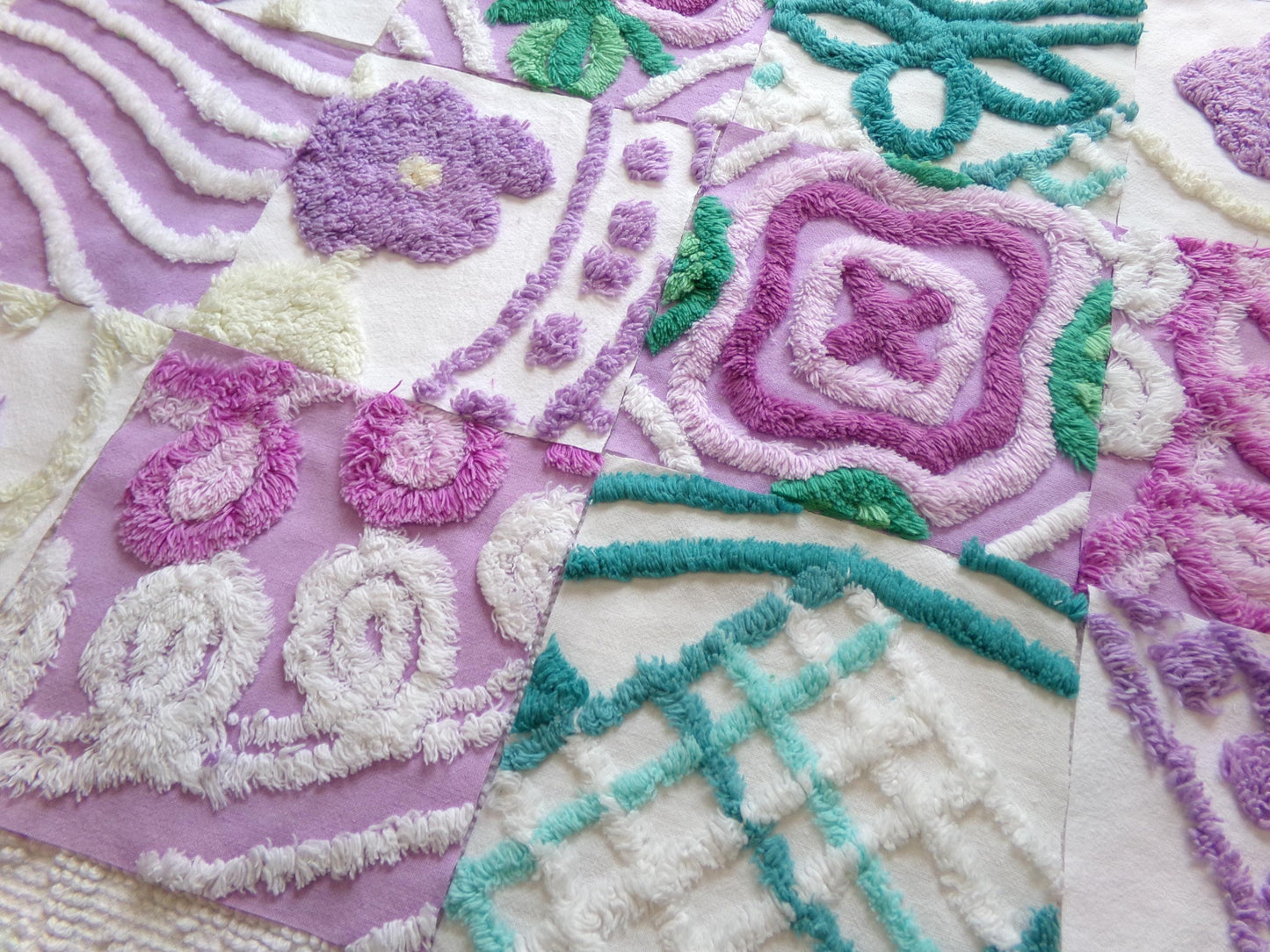 vintage chenille fabric squares: set of 16 lavender & lilacs, teal white cotton 6" quilt blocks