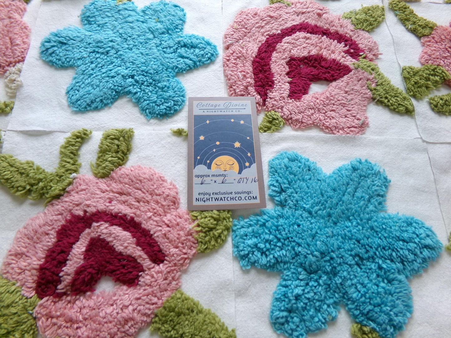 flower petals chenille fabric squares, set of 17 vintage style floral 6" craft blocks, pretty designs for quilt inlays, pillows, fiber arts