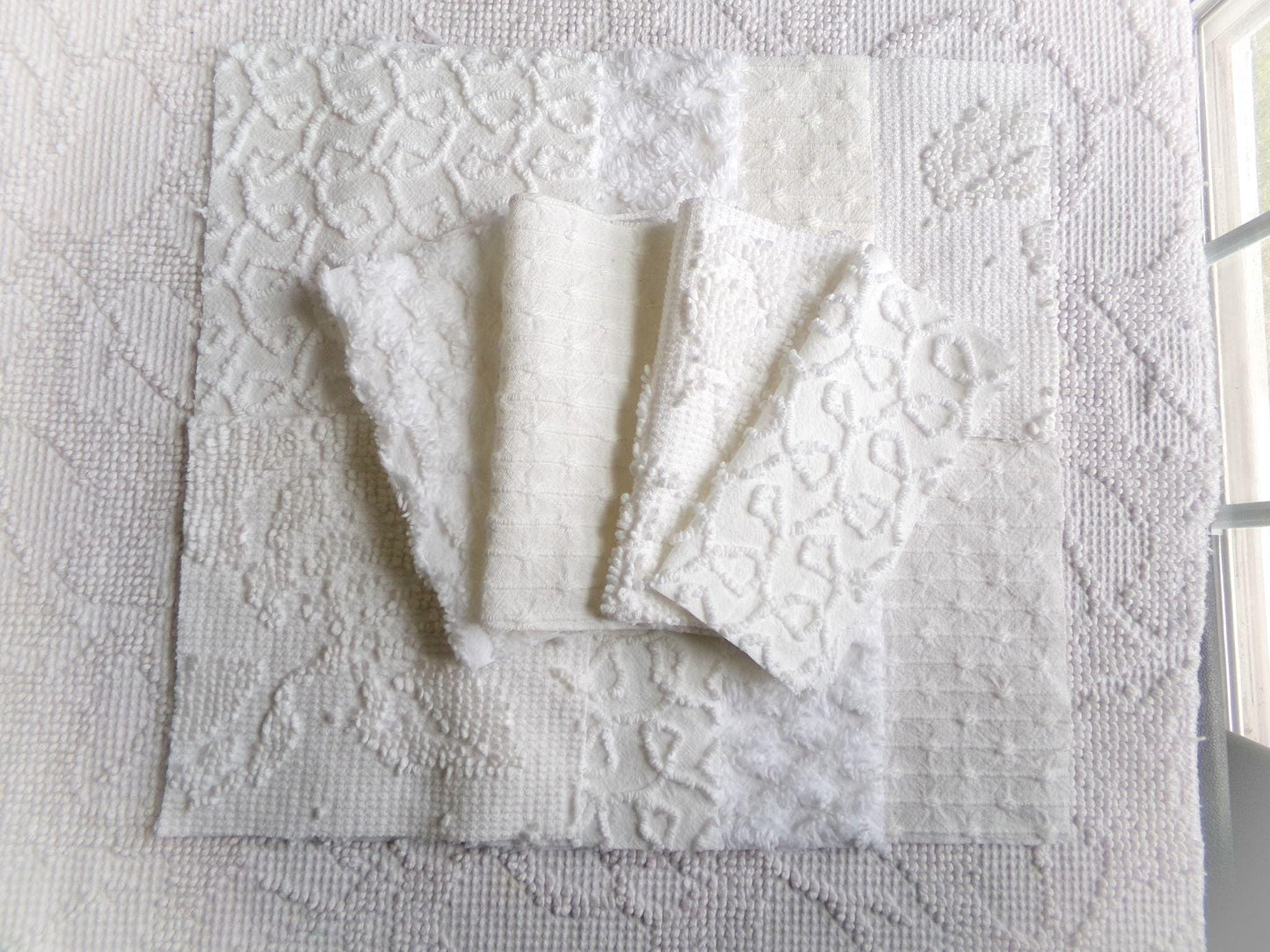 white vintage 6" chenille squares, set of 12 quilt blocks in a classic selection of popular patterns for sewing & crafts