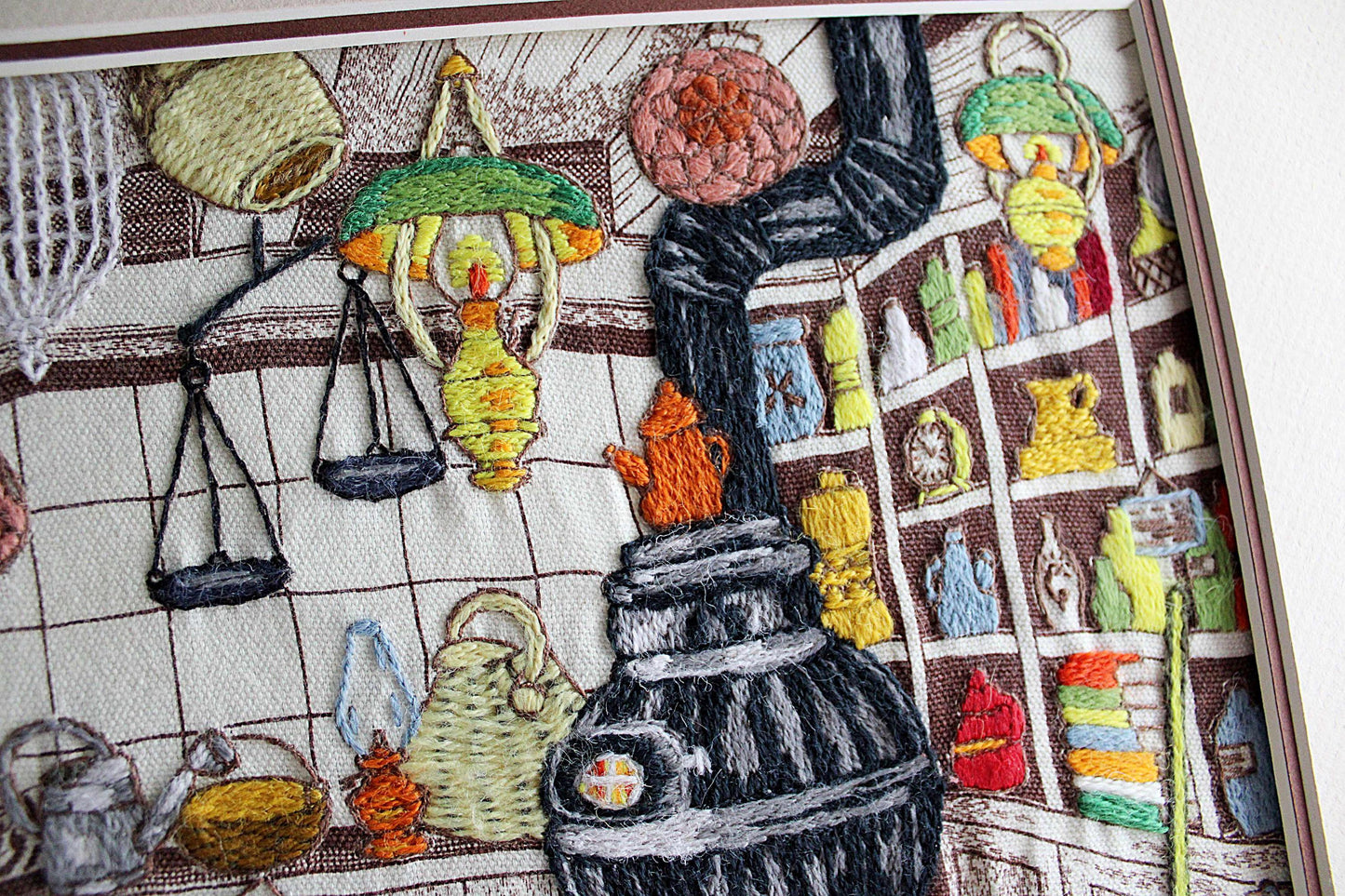 Old-Fashioned Country Store Crewel Embroidery Piece, "Penny Candy"" Completed Stitchery, Vintage Paragon Needlecraft, Outstanding Needlework
