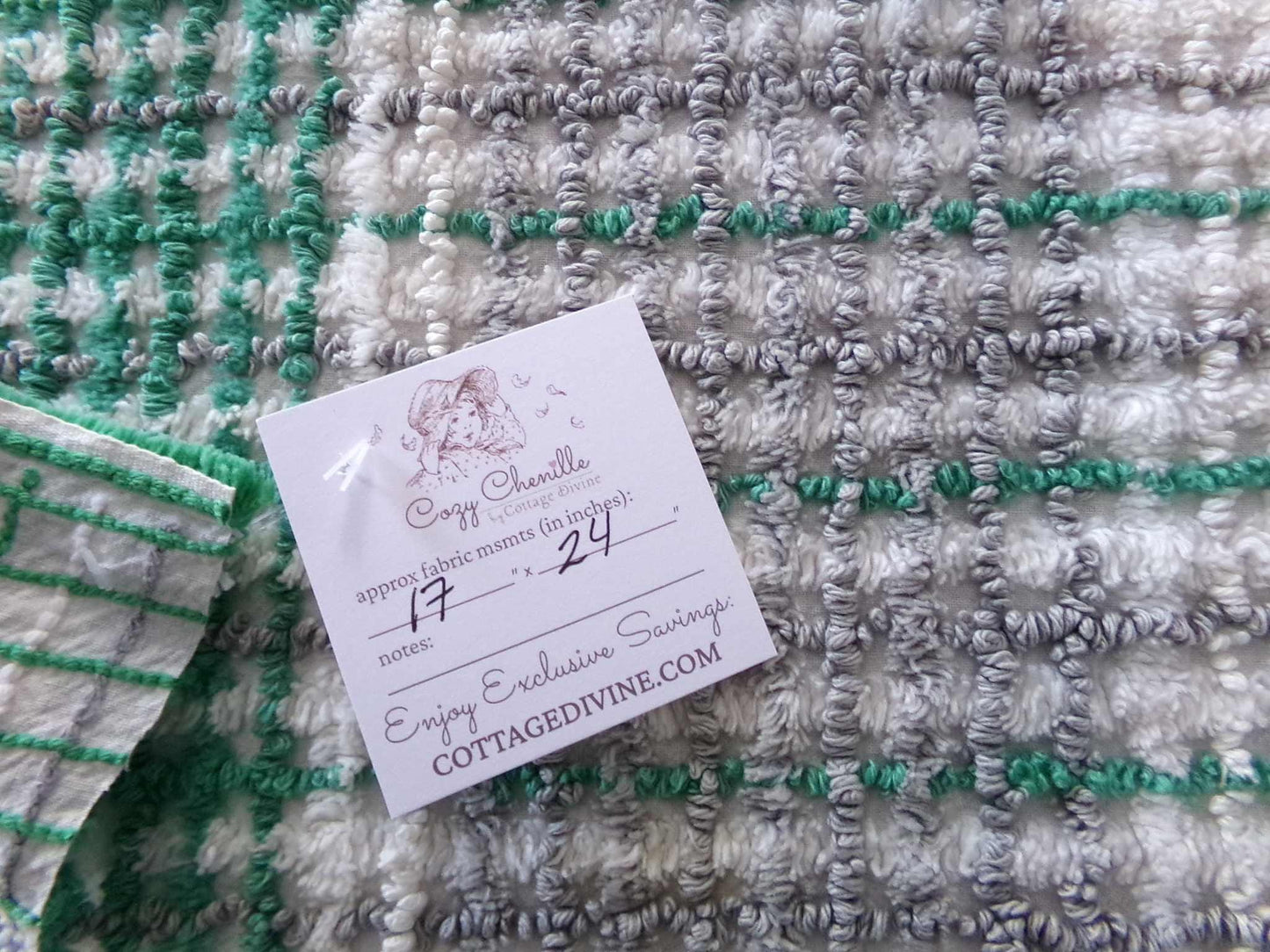 Plaid Vintage Chenille Fabric, Kelly Green & Dove Grey, 17" x 24" inch Piece for Sewing, Crafts, Quilting