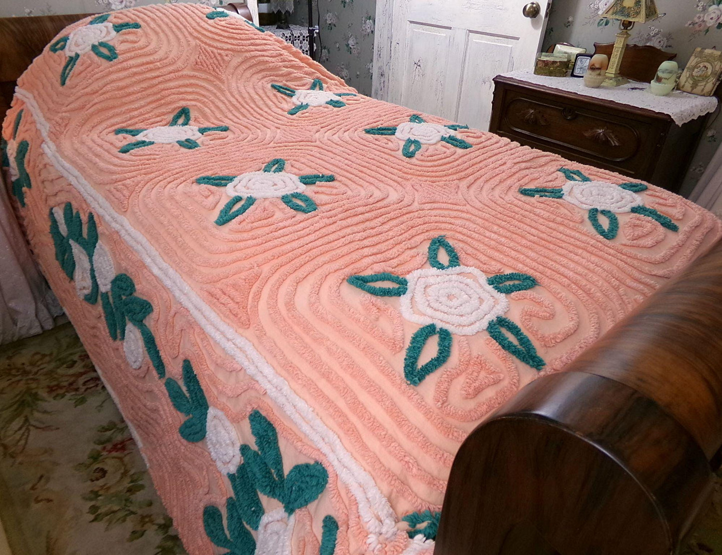 white roses in autumn vintage chenille bedspread, lovely peach glow cotton full size shabby chic bedding