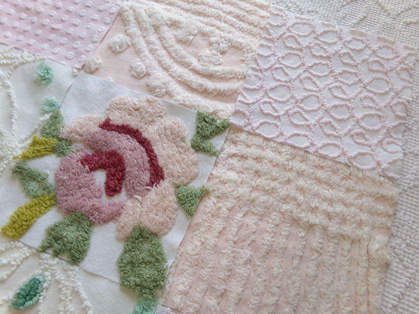 fairy flowers chenille fabric squares, set of 16 vintage craft quilt blocks 6" inches ea, soft pink, peach & floral