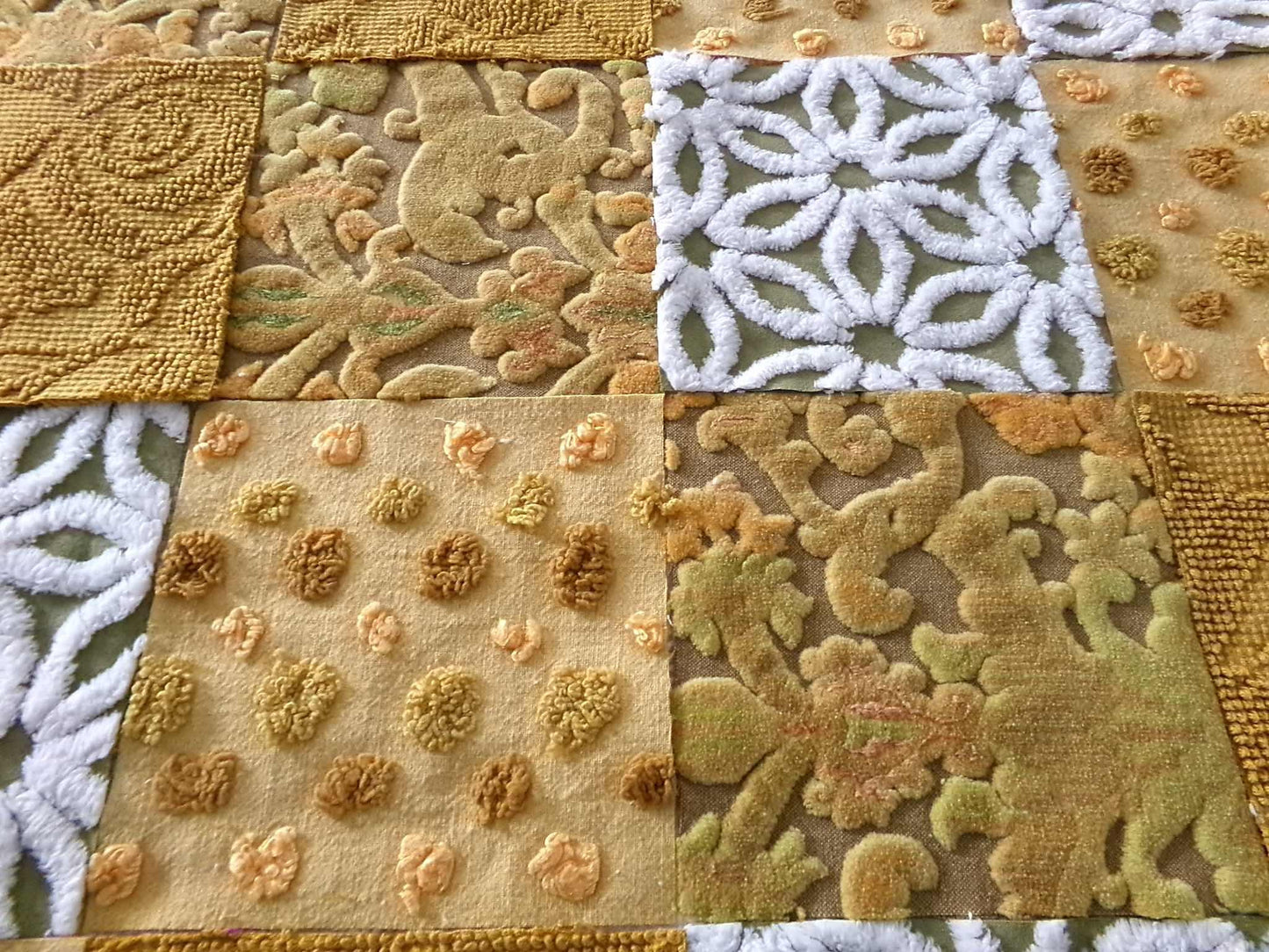 boho mama velvet & chenille fabric squares, earthtone daisy, dots, 16 vintage quilt blocks 6" x 6" inch, for pillows, quilts, crafts