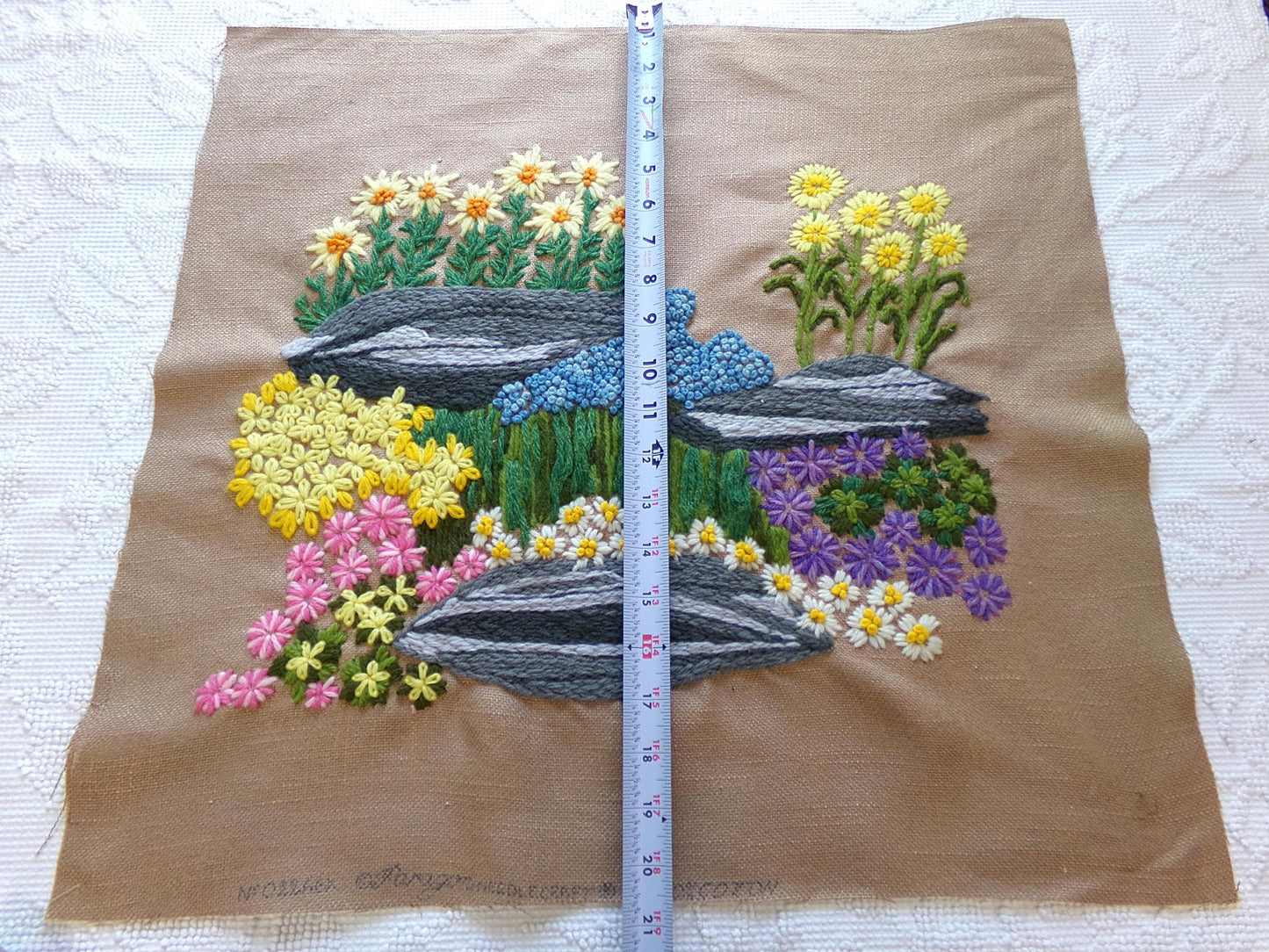 ROCK GARDEN Vintage Crewel Embroidery, FINISHED Boho Style Stitchery, Paragon Needlecraft #0215, Retro Floral Design by Barbara Sparre