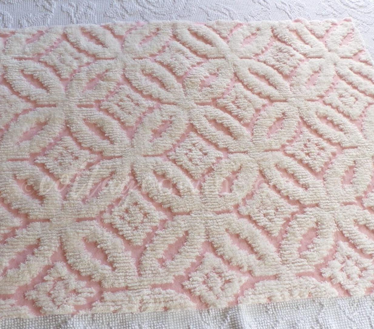 vintage chenille fabric, pink & white soft geometric design, 20" x 24" piece of sewing material