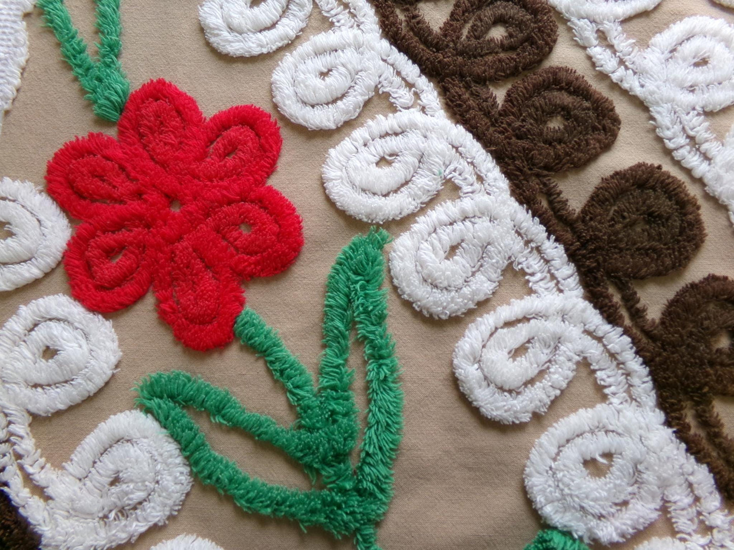 vintage chenille fabric, chocolate cake with a cherry on top, 20" x 26" piece of cotton sewing material in red flower, mocha, brown & white