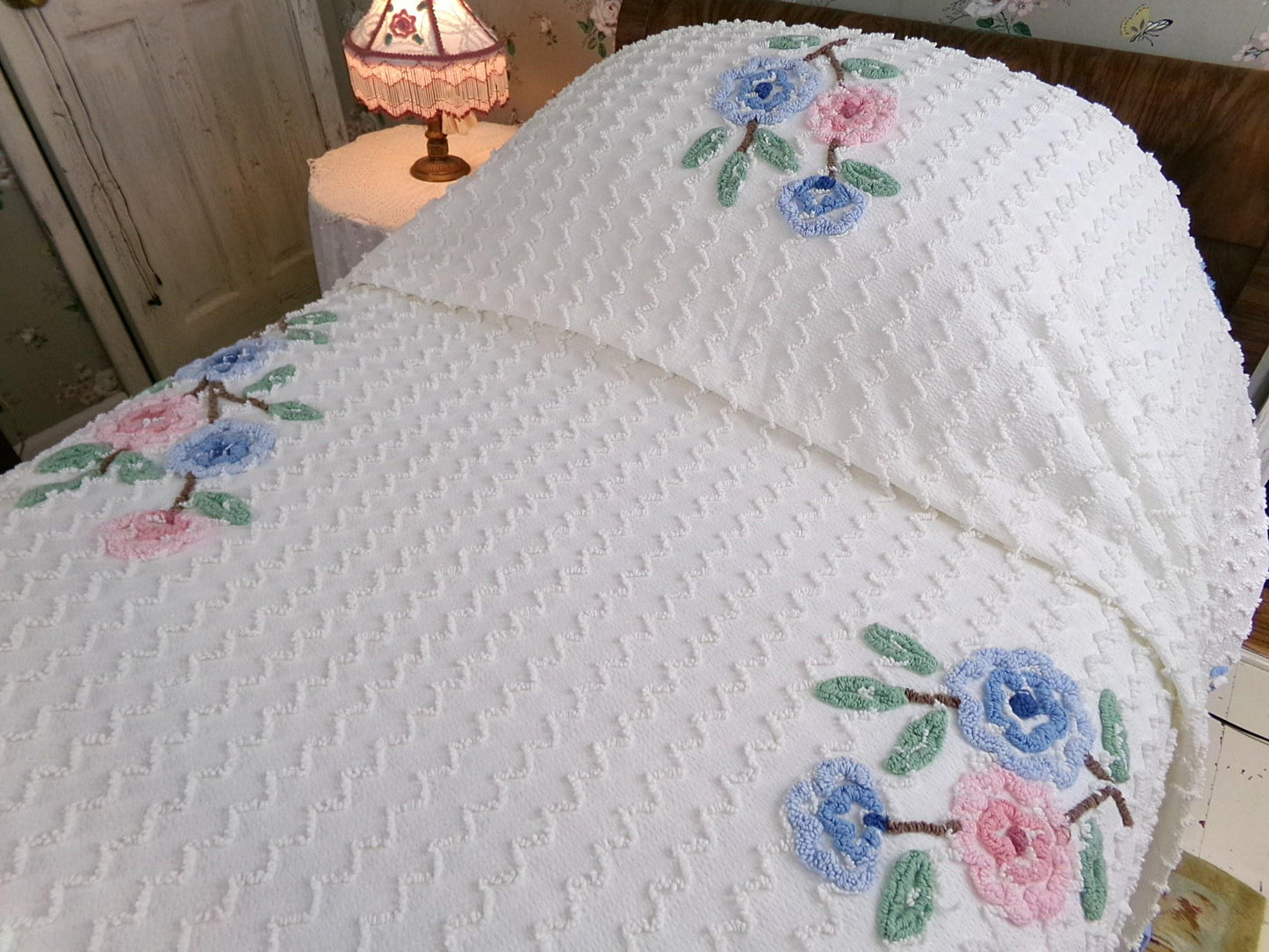 beach cottage seersucker vintage bedspread with tufted chenille zig zags, pink & blue flowers, ruffle accent, twin or full size bedding