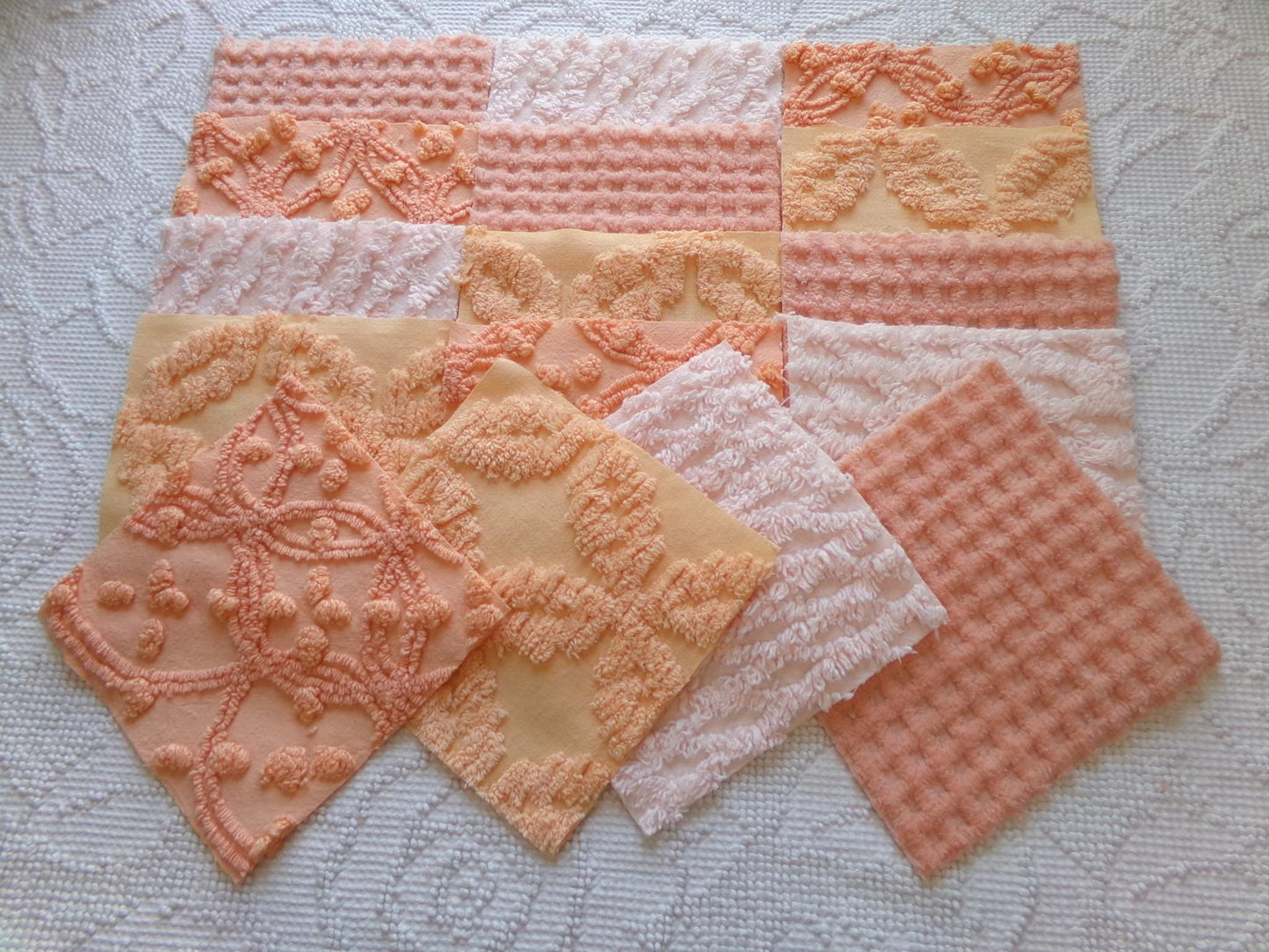 bliss peach chenille fabric squares, set of 16 vintage craft quilt blocks 6" inches, geometric designs for quilt inlays, pillows, fiber arts