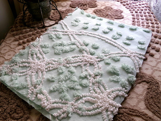 Creamy Mint Green Vintage Chenille Fabric, 20" x 13" inch Piece, White Wedding Ring & Dot Design, Great for Handmade Quilts, Crafts