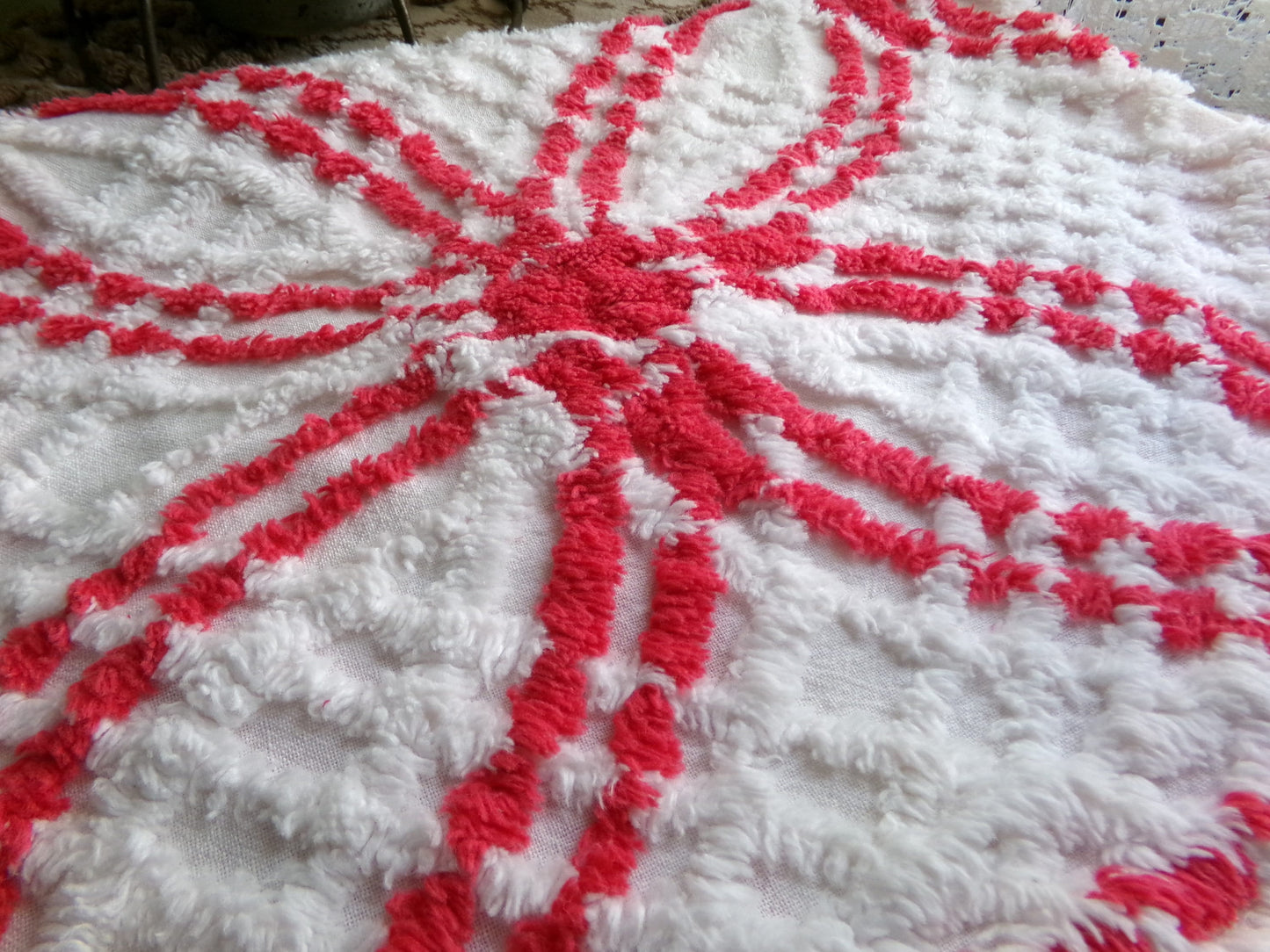 peppermint candy vintage chenille fabric, red & white wedding rings, 100% cotton, 20" x 25" inch piece, great in Christmas stockings, quilts