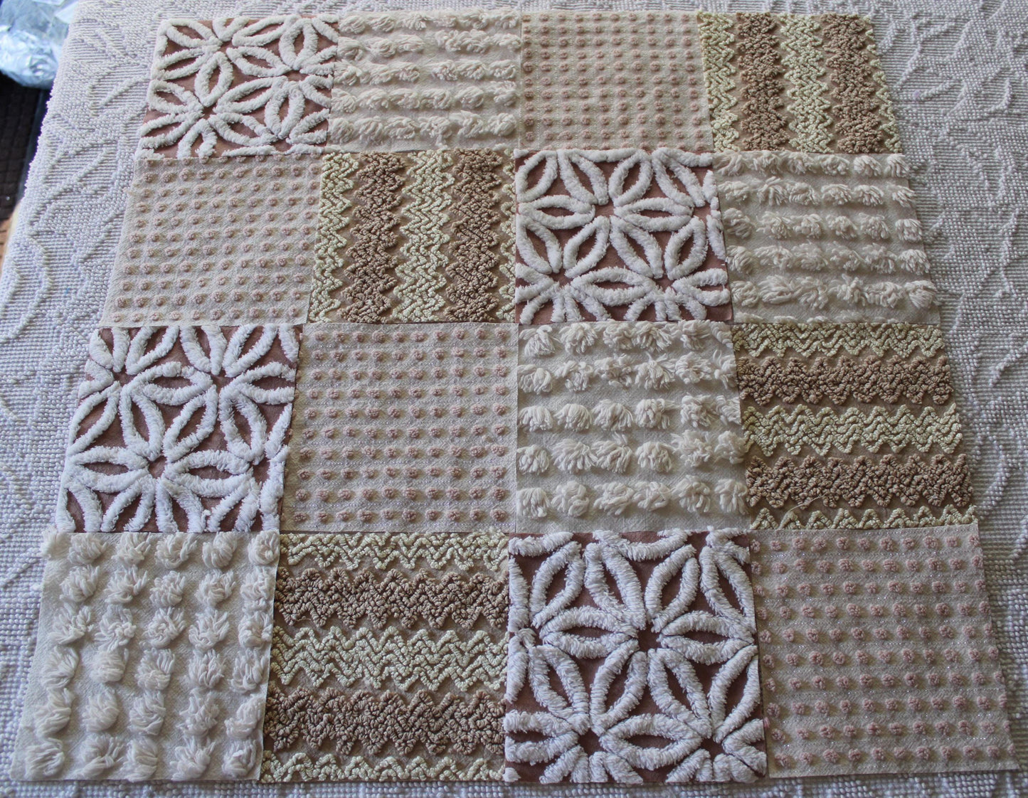 creamy vanilla mocha chenille fabric squares, set of 16 vintage quilt blocks 6" inches ea, daisy, squiggle, puffy pop texture