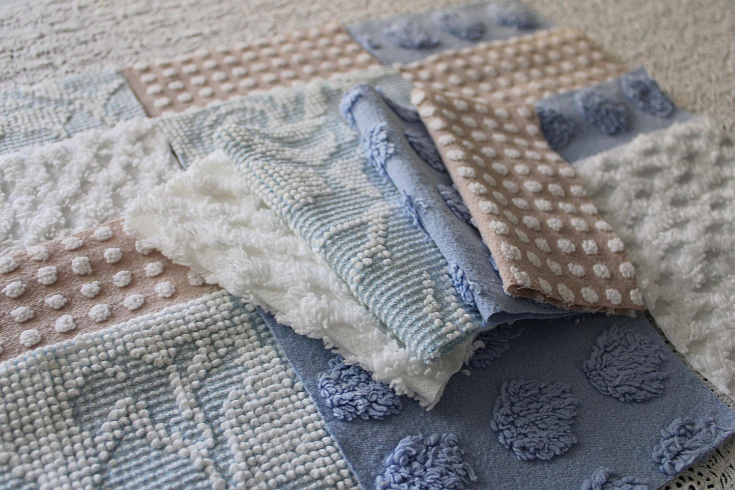 Serene Shores Vintage Chenille Fabric Squares, Blue, White & Sand Craft Square Set, 16 Blocks, 6" x 6" inch, Modern Chic