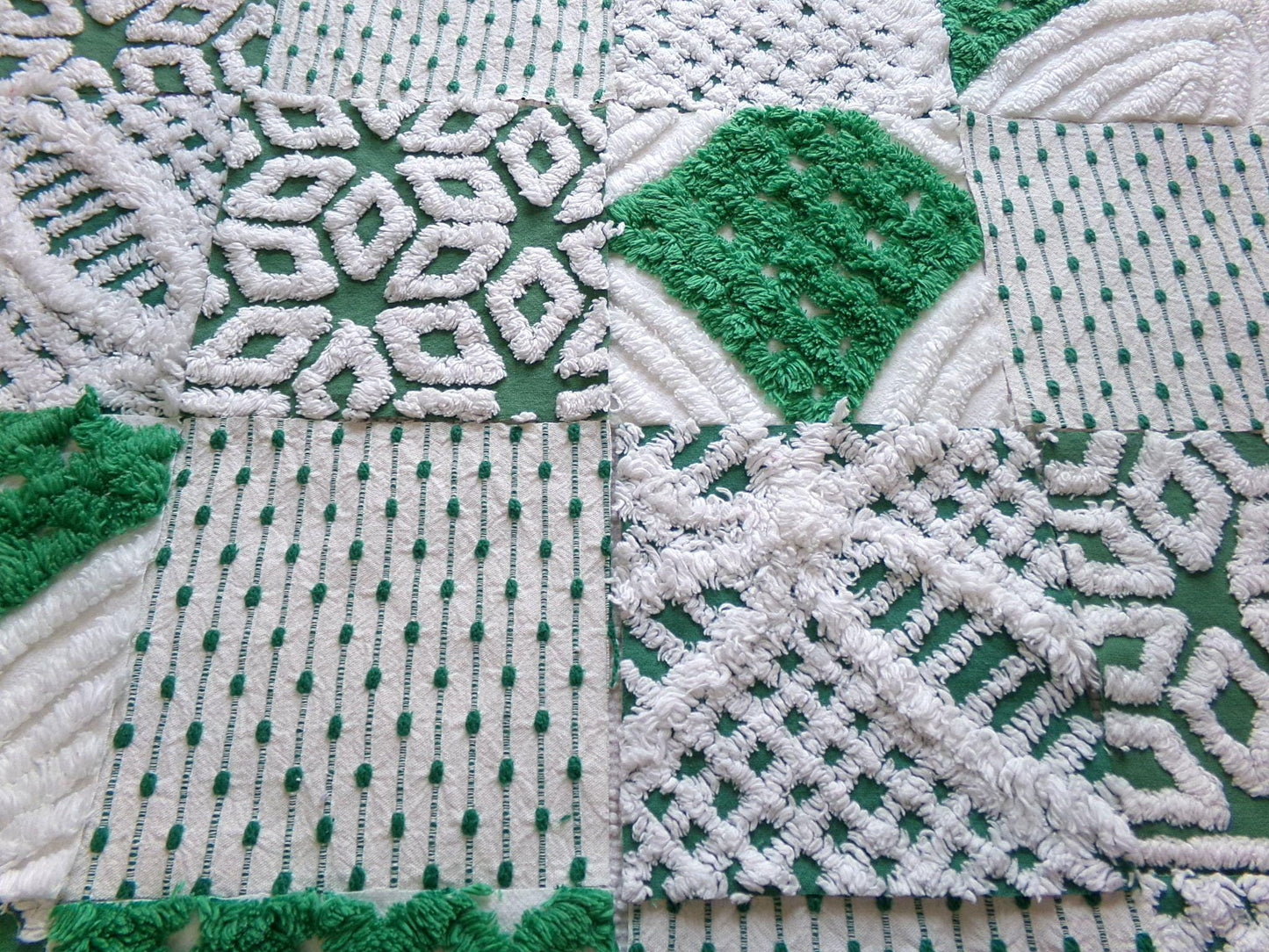preppy green chenille fabric squares, set of 16 vintage 6" craft blocks, geometric designs for quilt inlays, pillows, fiber arts
