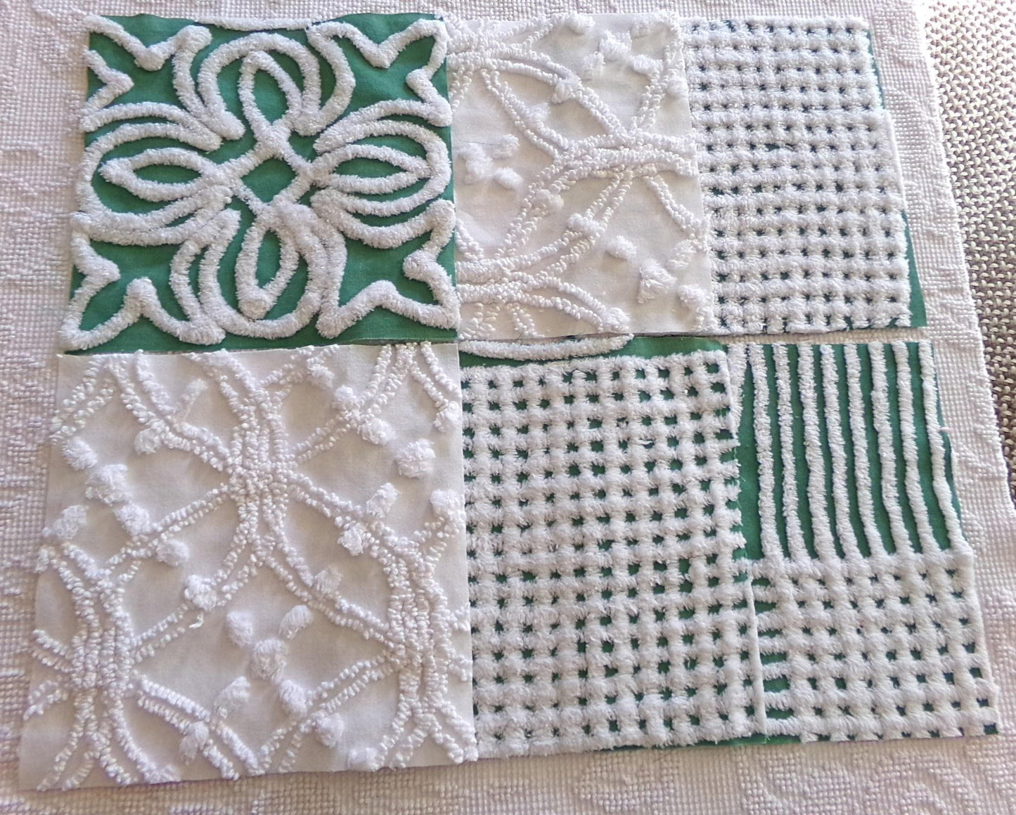 green & white chenille fabric squares, set of 6 large 9.5" square craft and quilt blocks, cut from vintage chenille bedspreads
