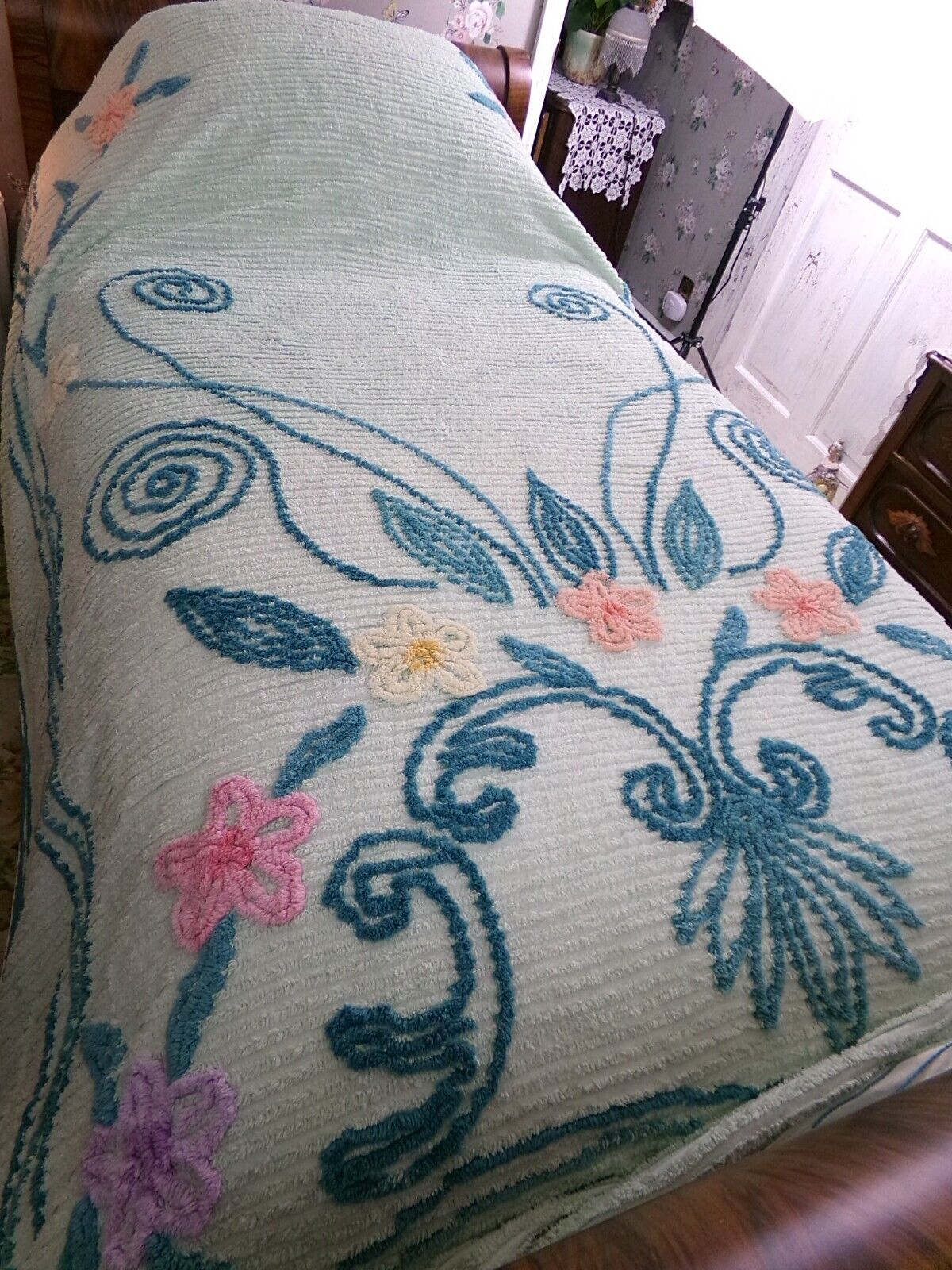 Mint Green Vintage Full Chenille Bedspread Midcentury Sprawling Scroll Floral Design