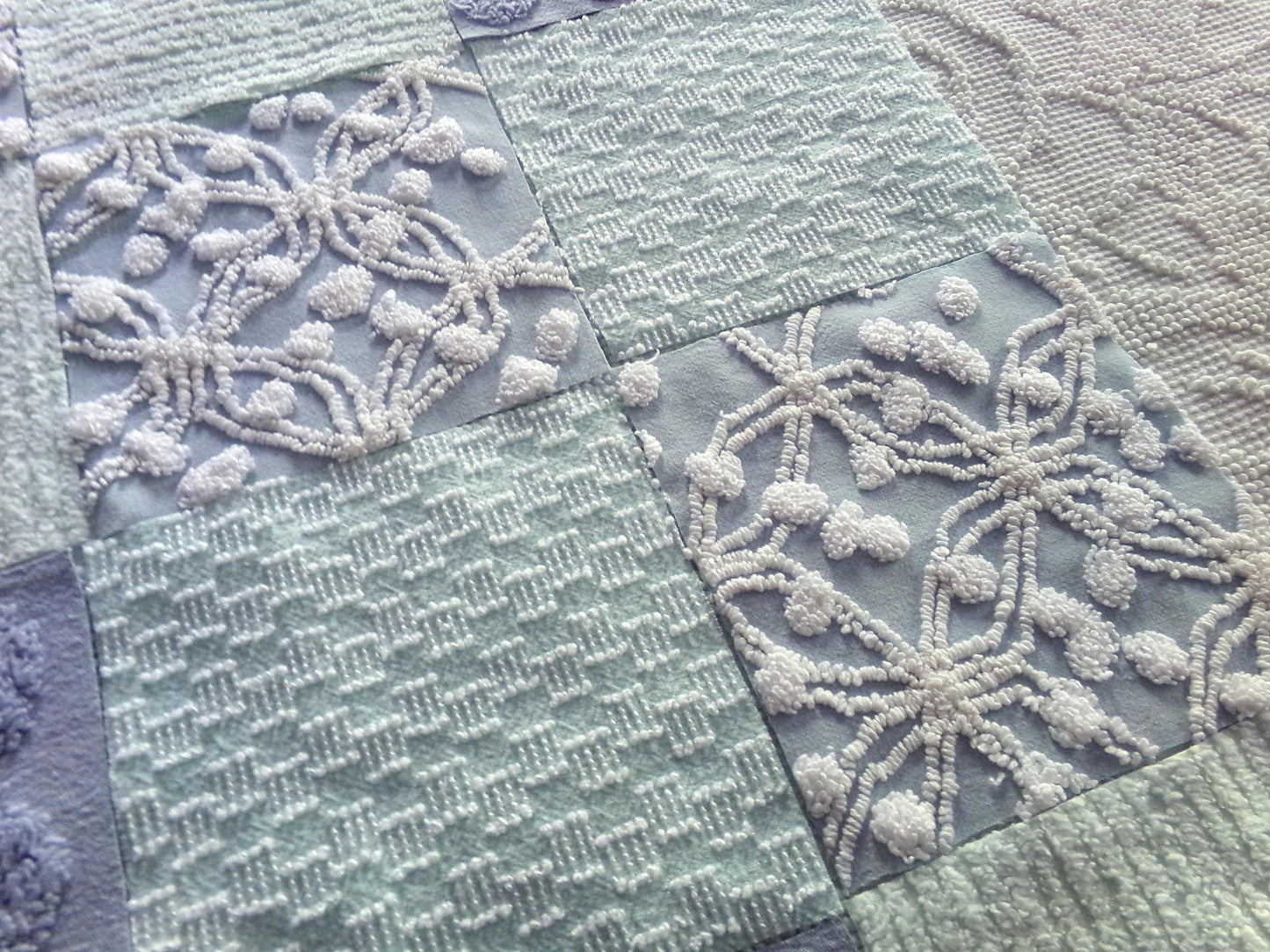 Spa Day Chenille Fabric Squares Set, 16 Vintage Quilt Blocks, 6" inch in Blue, Cool Aqua & White