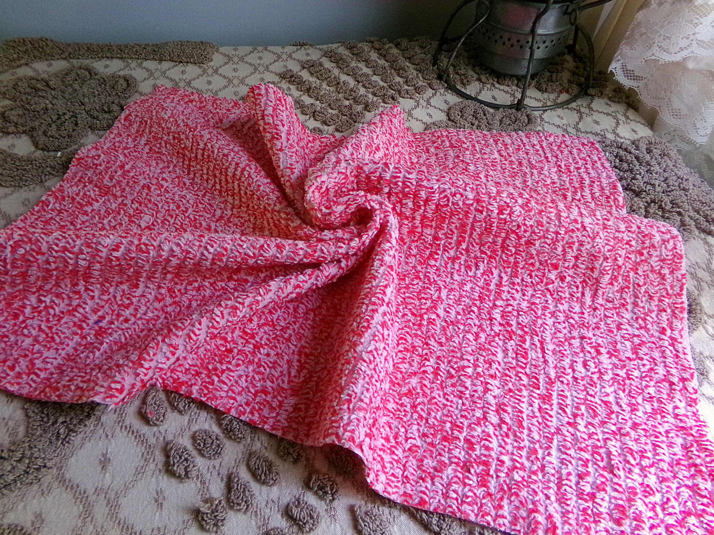 Peppered Red & White Skinny Stripes Fabric from Vintage Chenille Bedspread, 12" x 18" inch Piece, Fun and Festive