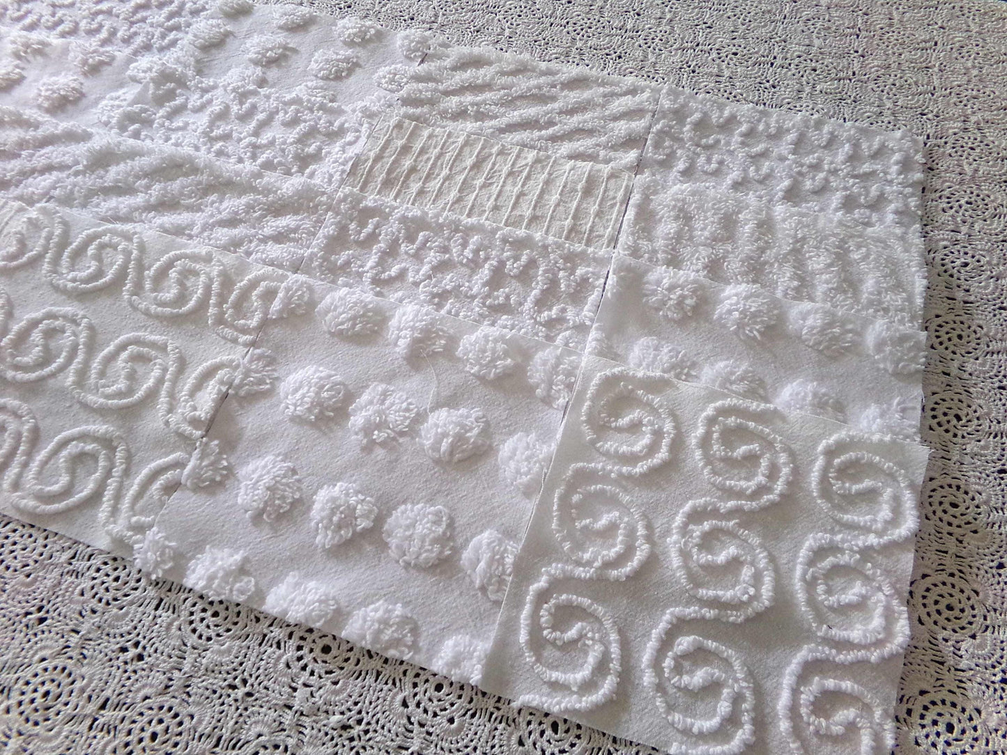 serene snowfall vintage chenille fabric squares, set of 16 white 6" quilt blocks, upcycle in handmade quilts, sewing projects