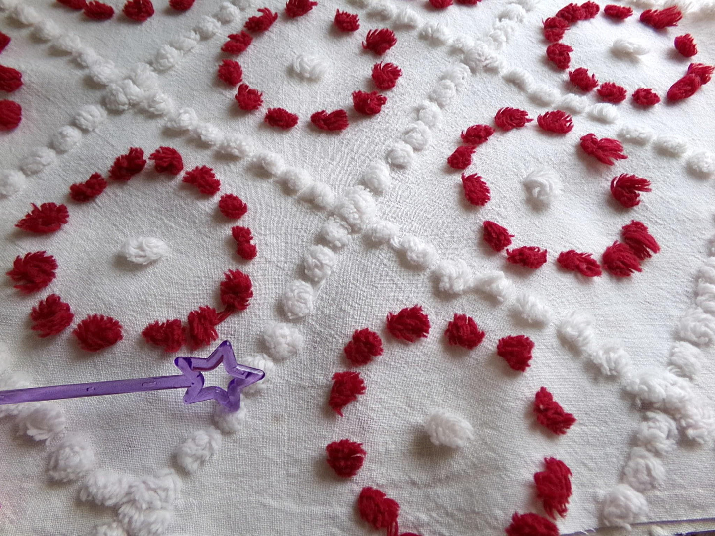 ruby red rings in white diamonds vintage chenille fabric, charming antique handtufted 20"x 25" inch piece of sewing & quilt material