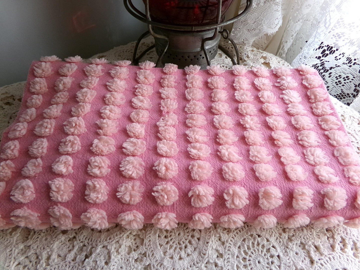 fluff puff pops chenille fabric, cute oversize bobbles on pink rose, 20" x 30" inch piece great for chenille quilts & sewing projects