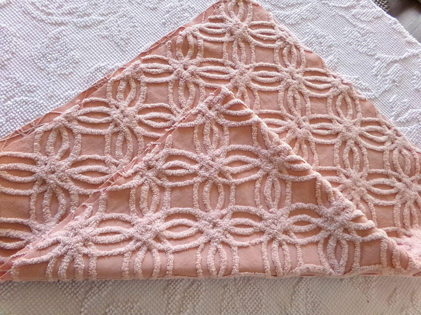 vintage chenille fabric, warm clay mauve geometric wedding ring design, 17" x 28" inch piece for sewing & crafts