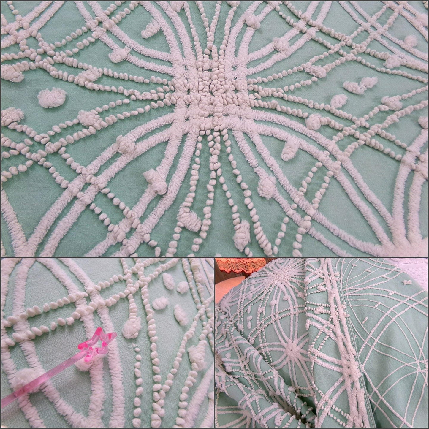jade green pink rose vintage chenille bedspread, beautiful twin size shabby chic style bedding, great as a summer cottage coverlet