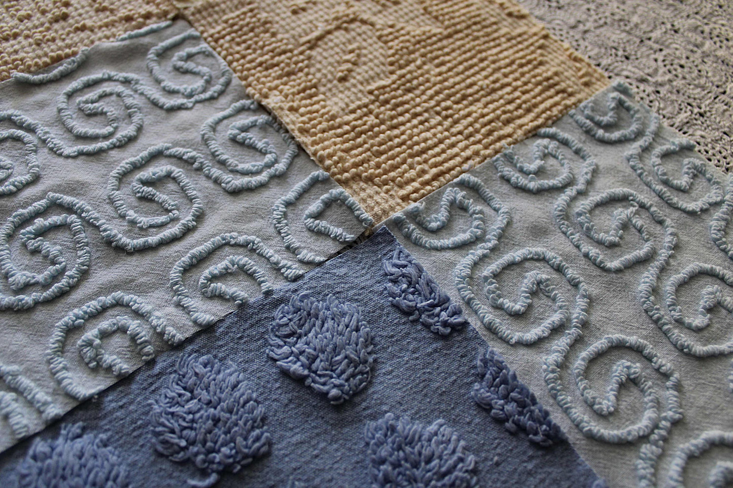 Ocean Sands Vintage Chenille Fabric Squares, Blue & Golden Sand Craft Square Set, 16 Blocks, 6" x 6" inch, Modern Chic