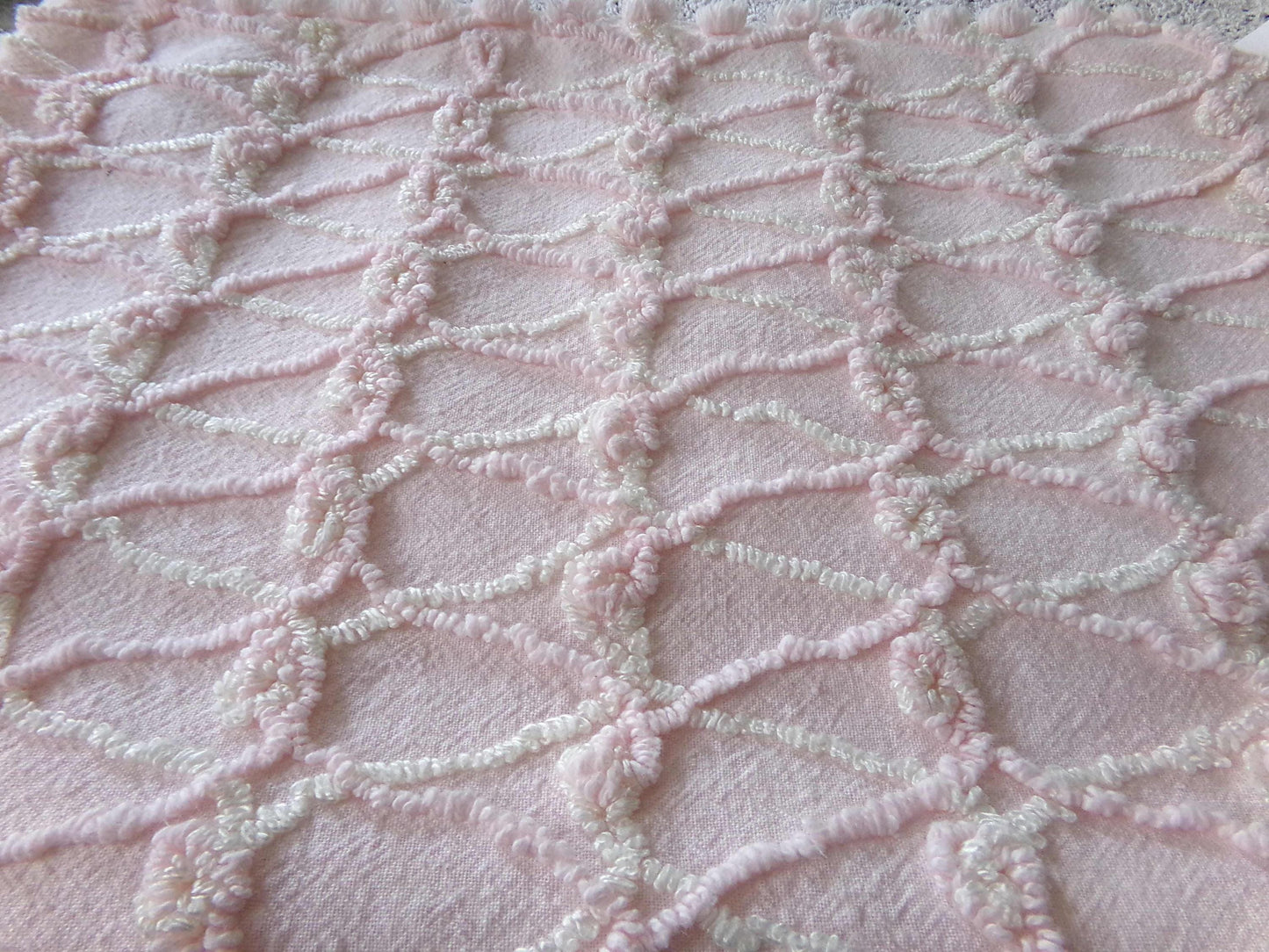 Eternity Knots Vintage Chenille Fabric Material, 19" x 26" inch Piece, Lovely Feminine Pastel Pink & Iridescent Vanilla Cream