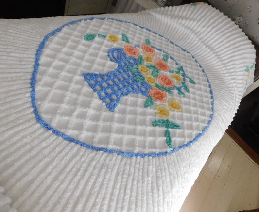 cottagecore vintage chenille bedspread, spring flower basket on radiating white sunburst tufting, full size cottage style bedding