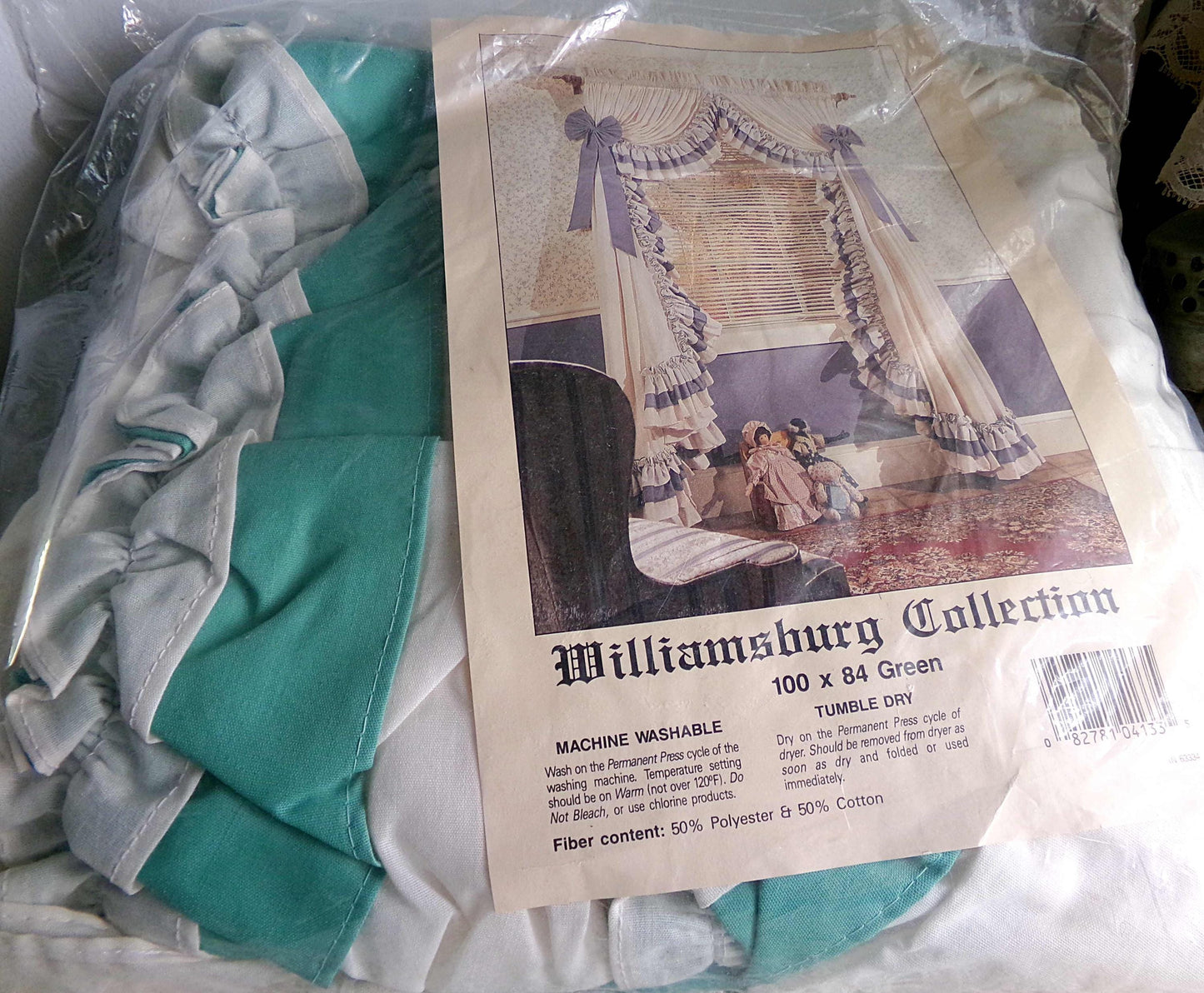 Farmhouse Style Priscilla Curtain Panels Pair, Cream & GREEN Trim, Bow Tiebacks, NOS Vintage Window Curtains, 84" L, Williamsburg Collection