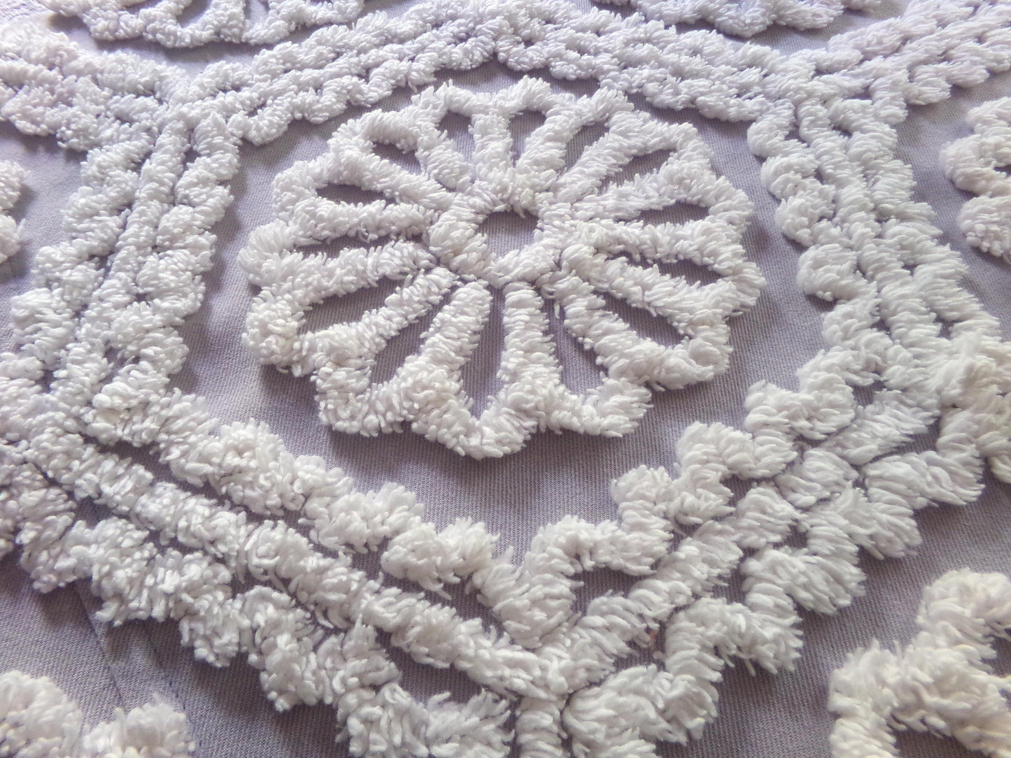 lavender mist cottage chic chenille fabric, plush white daisies, 17" x 26" piece of vintage sewing material for quilting, fiber arts
