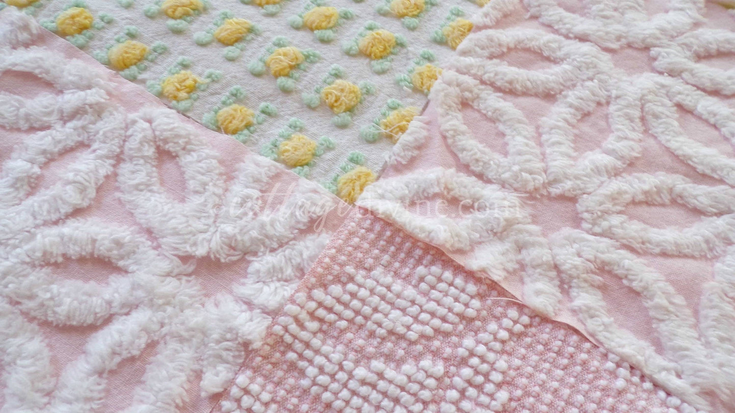 Chenille Fabric Squares Set, "Spring is in the Air", from Vintage Bedspread Fabrics, 16 Quilt Blocks, 6" inch, Cottage Pink, Yellow & White