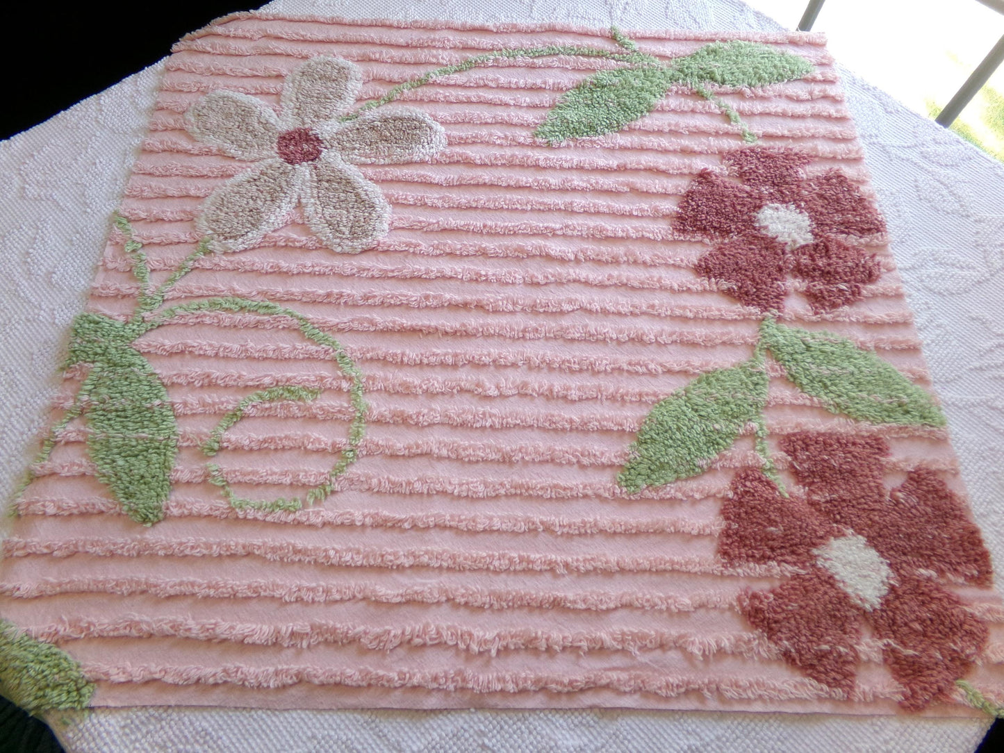 Rosy Pink Floral Vintage Chenille Fabric, Wideset Climbing Daisy Flower Design, 25" x 24" inch Piece of Cotton Sewing Material