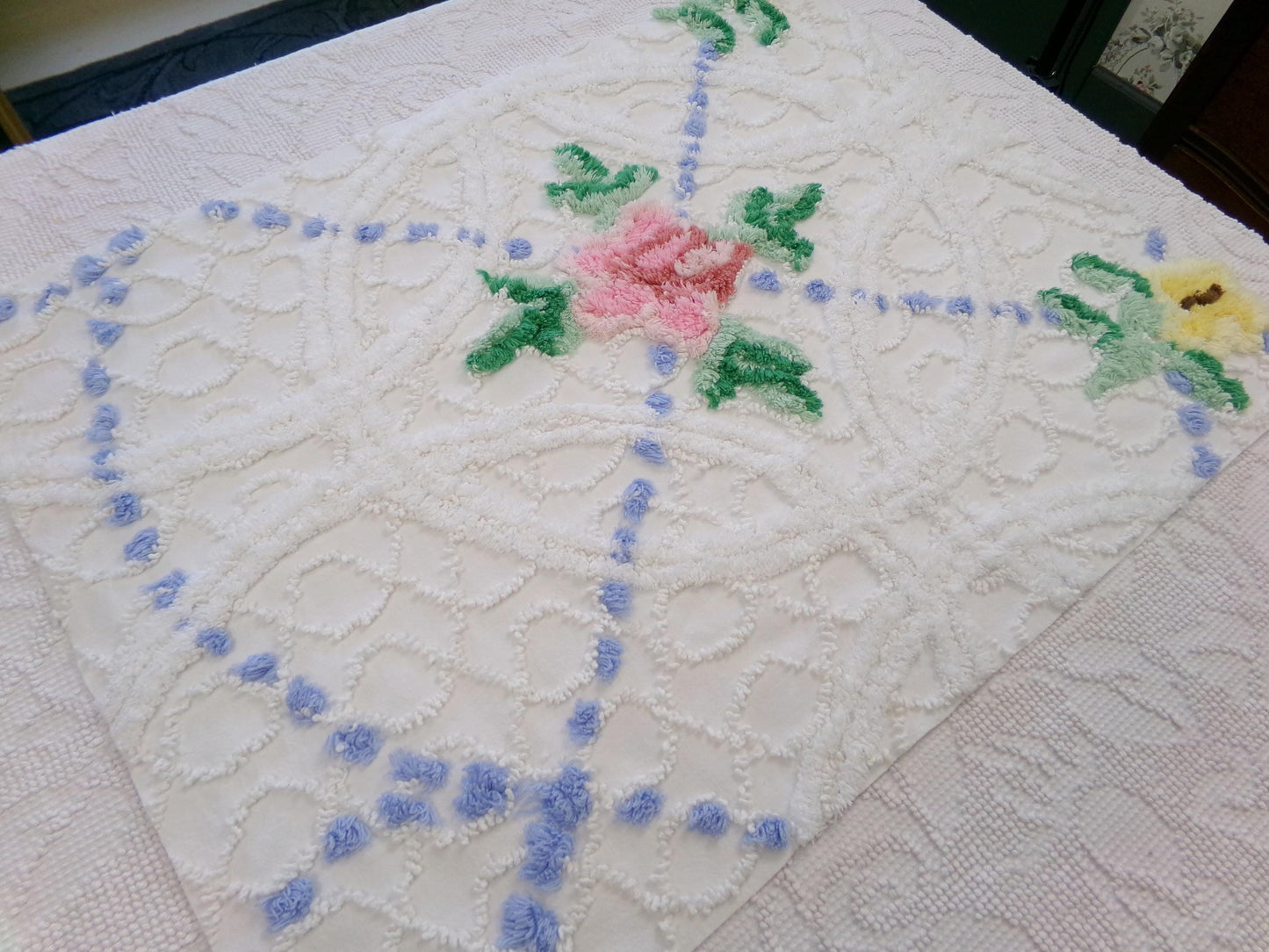 rose cottage vintage chenille fabric, floral design on white, 19" x 25" cut piece for arts & crafts