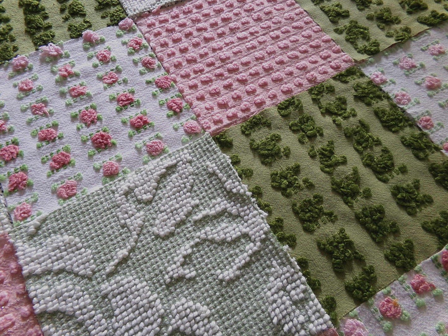 Olive & Ombre Rose Chenille Fabric Squares Set, Old Fashioned 16 Vintage Quilt Blocks, 6" x 6" inches each, for Quilting, Sewing, Pillows
