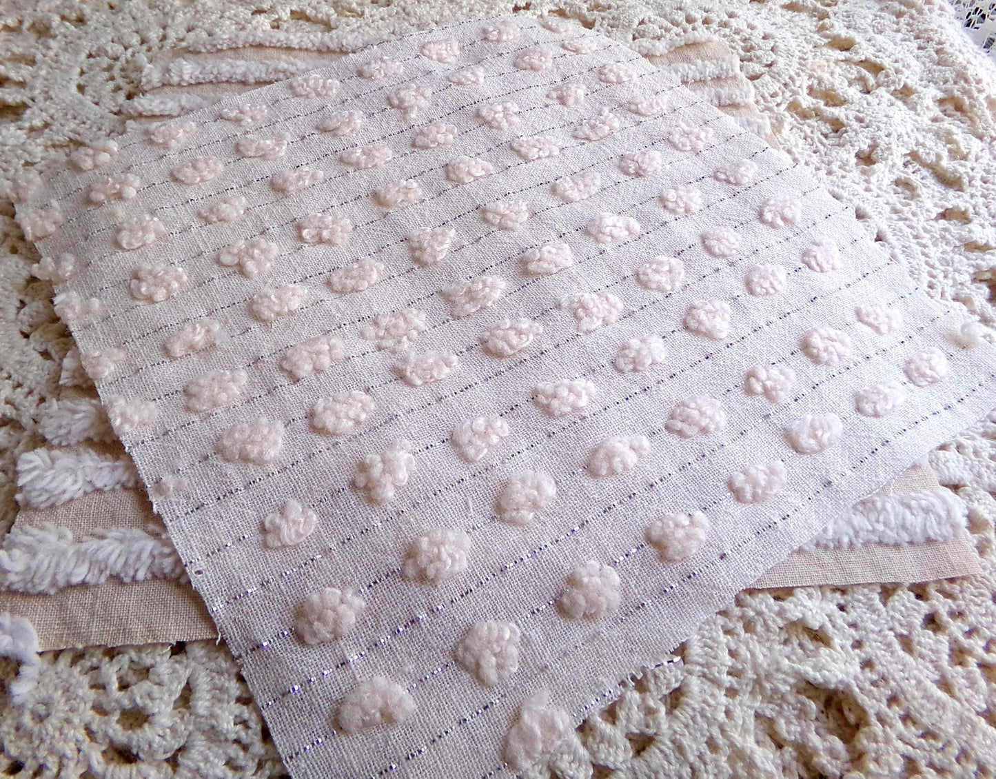 Neutral Modern Chenille Quilt Squares Set from Vintage Bedspread Fabric, 16 Blocks 6" x 6" inch, Daisy, Wavy Honeycomb, Stripe, Dot Patterns