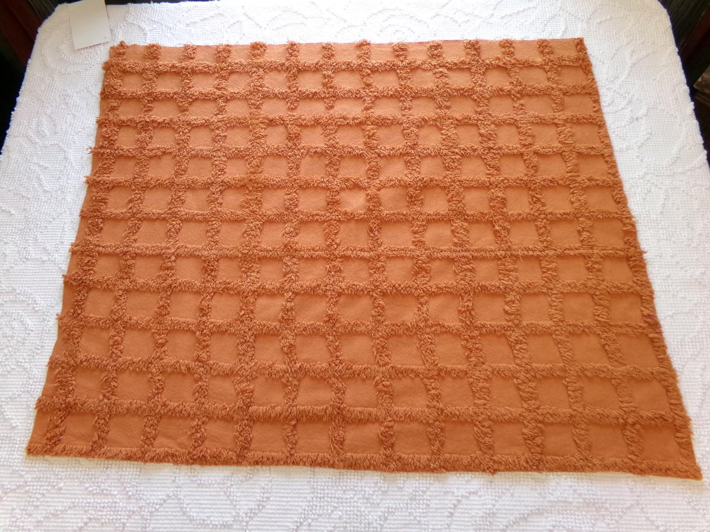 nutmeg pumpkin spice chenille fabric, 20" x 24" boho vintage style sewing material for quilts, crafts in simple windowpane tufted design