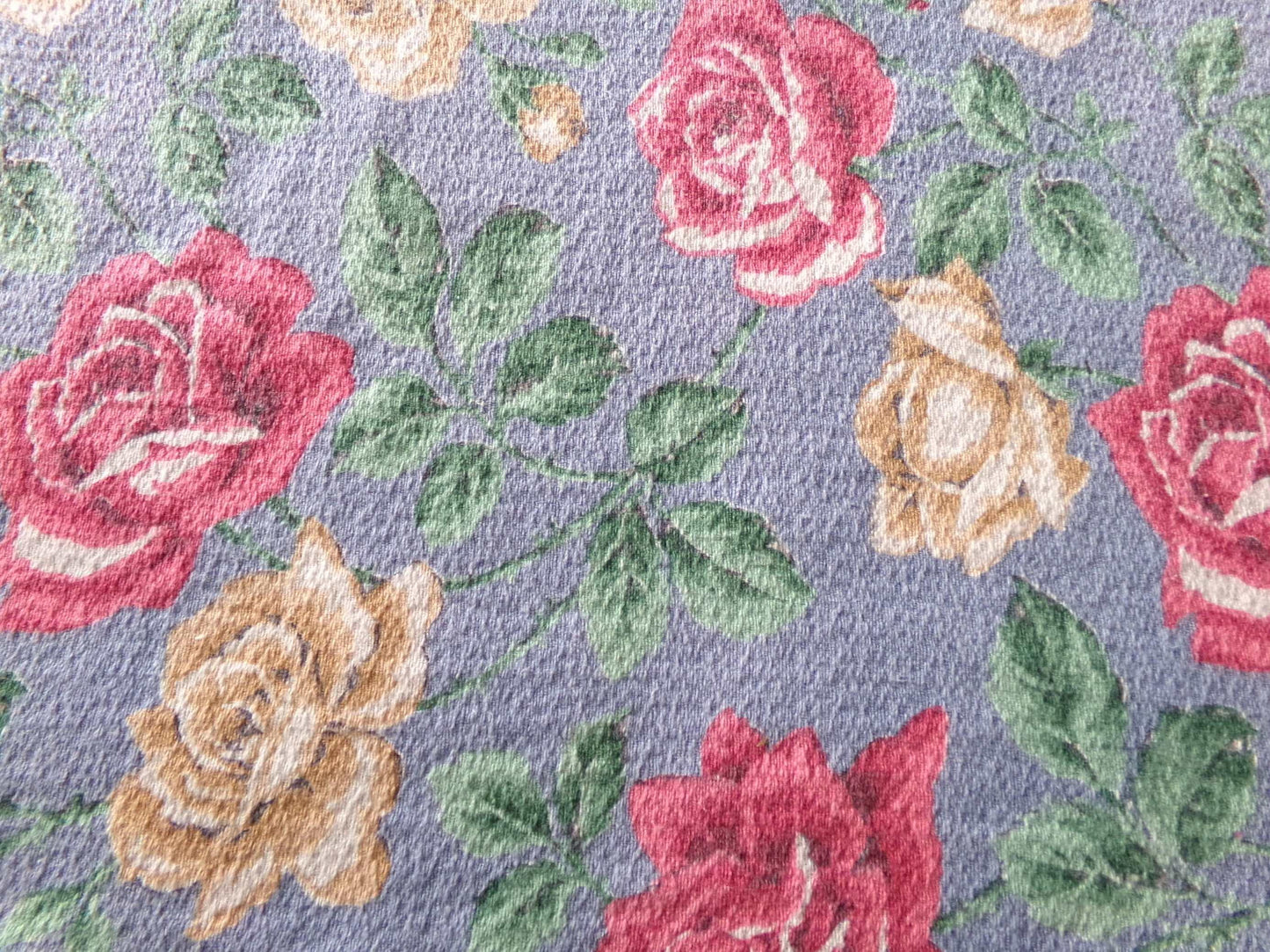 shabby chic rose barkcloth fabric, lovely floral blooms on blue, 27" x 16" inch piece, great vintage sewing material for pillows