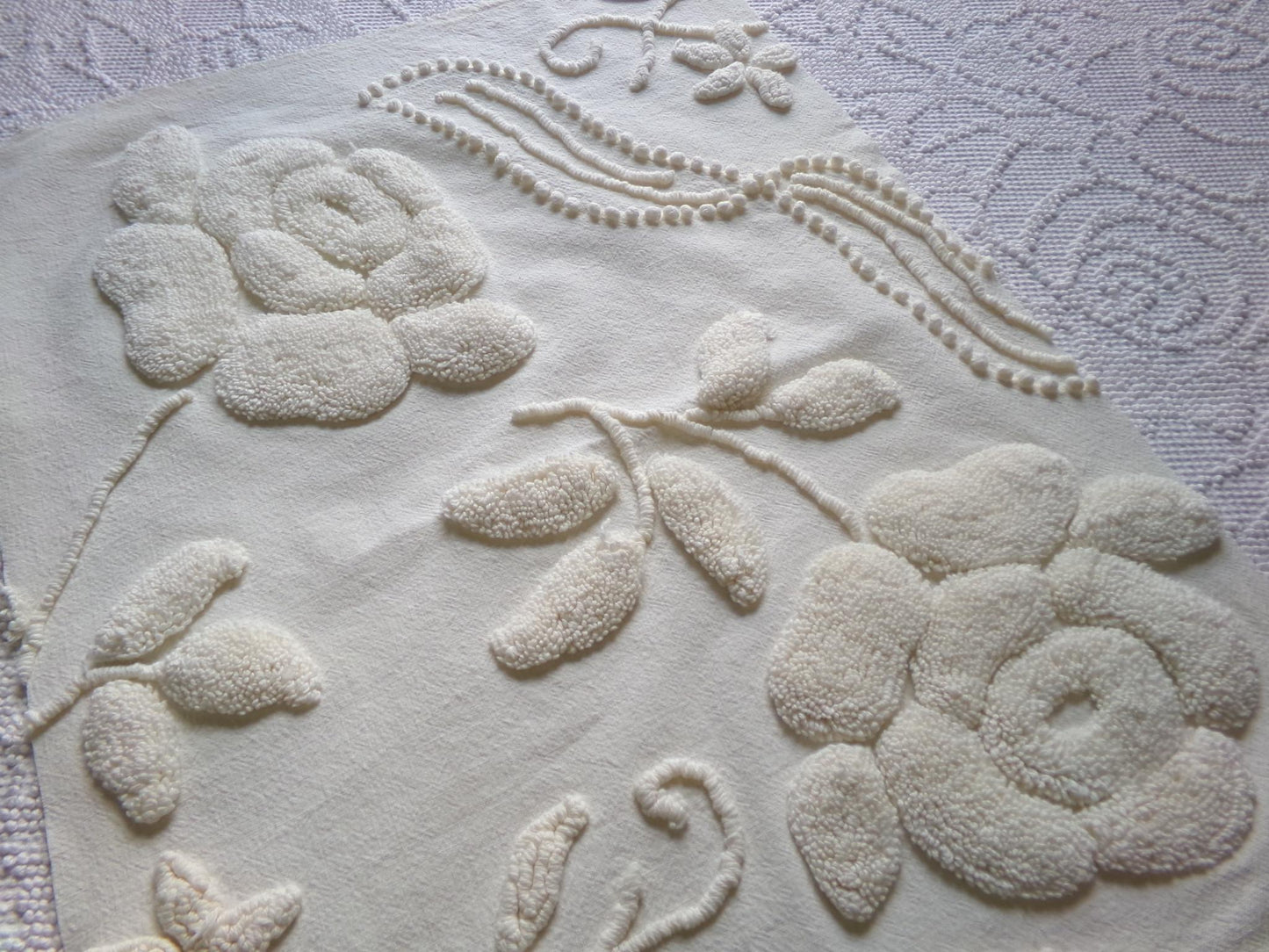 ivory rose vintage chenille fabric, vintage cotton 15" x 21" cut piece with sprawling stylized roses for quilting crafts and sewing